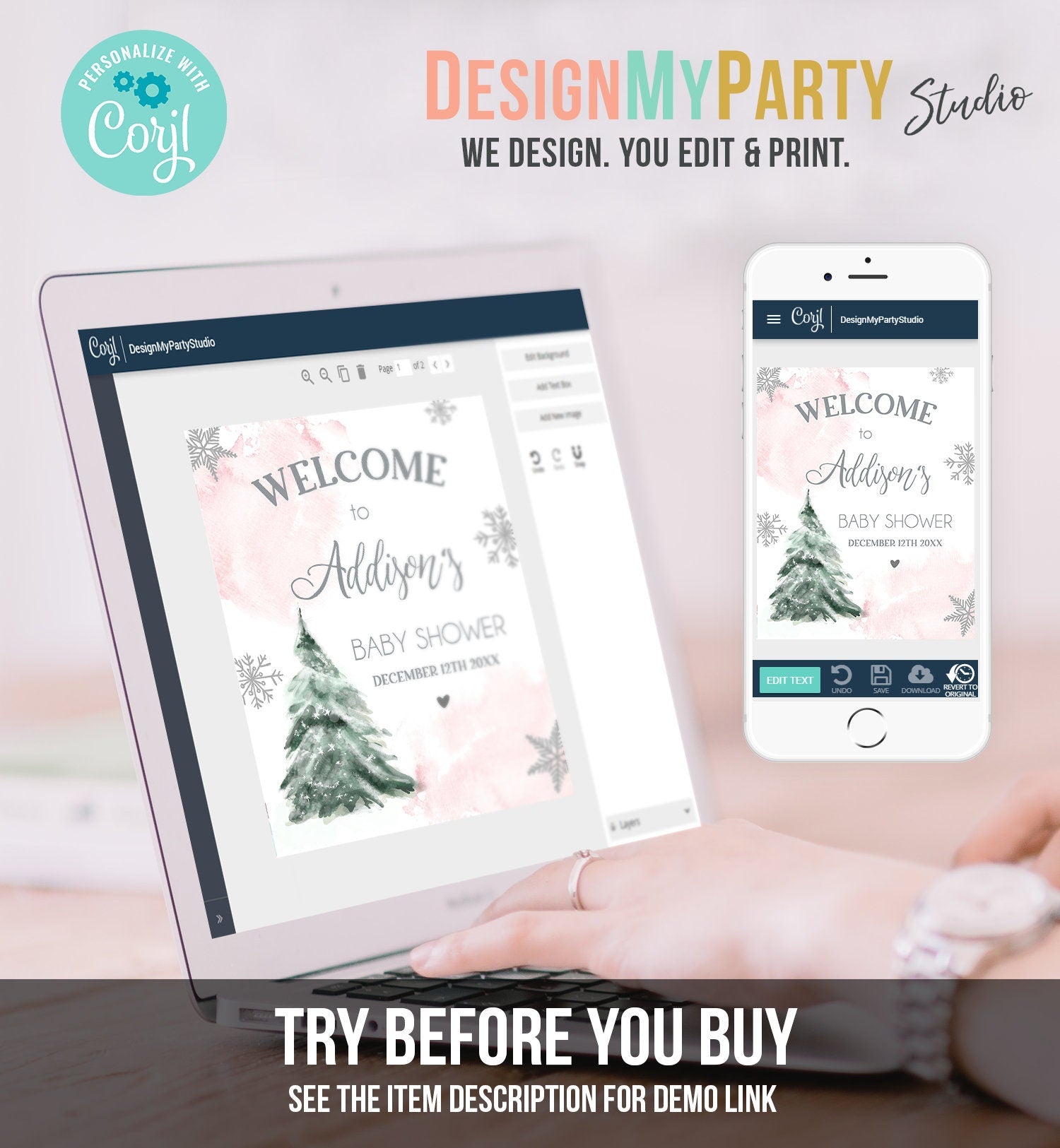 Editable Winter Tree Welcome Sign Tree Watercolor Baby Shower Girl Little Snowflake on the Way Wonderland Digital Template Printable 0363