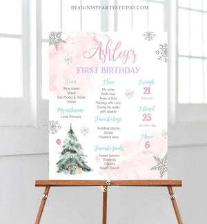 Editable Winter Tree Birthday Milestones Sign Winter Onederland Watercolor First Birthday Girl Pink Snowflakes Corjl Template Printable 0363