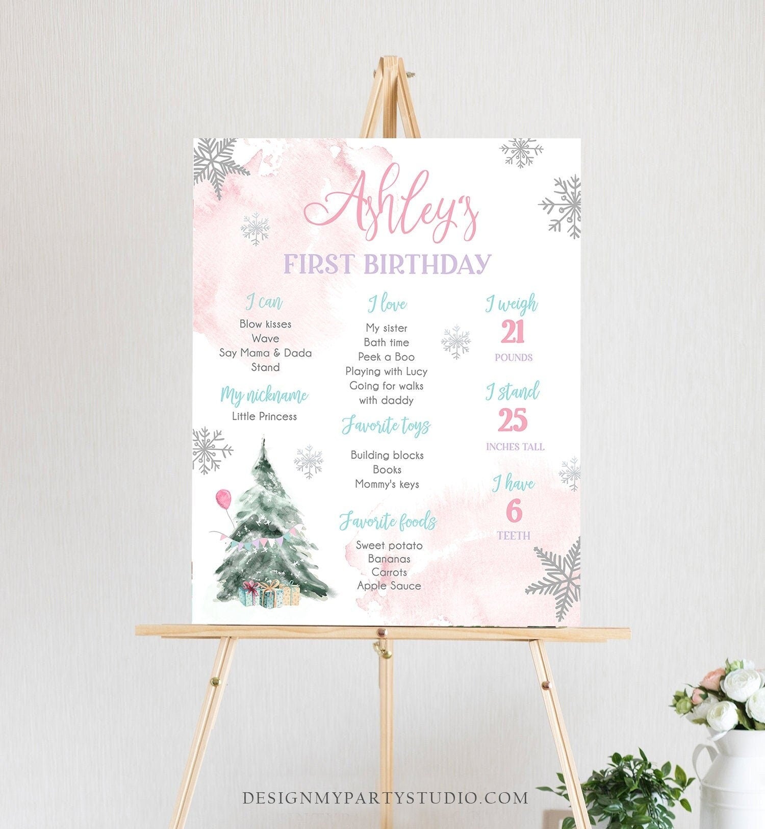 Editable Winter Tree Birthday Milestones Sign Winter Onederland Watercolor First Birthday Girl Snowflakes Digital Template Printable 0363