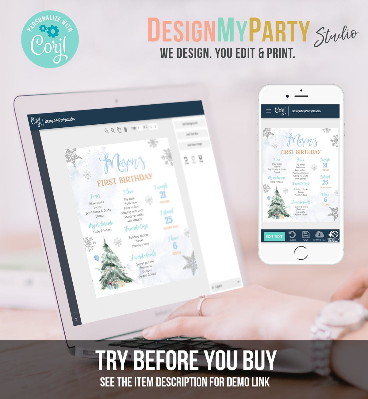 Editable Winter Tree Birthday Milestones Sign Onederland Watercolor First Birthday Blue Boy Snowflakes Digital Template Printable 0363