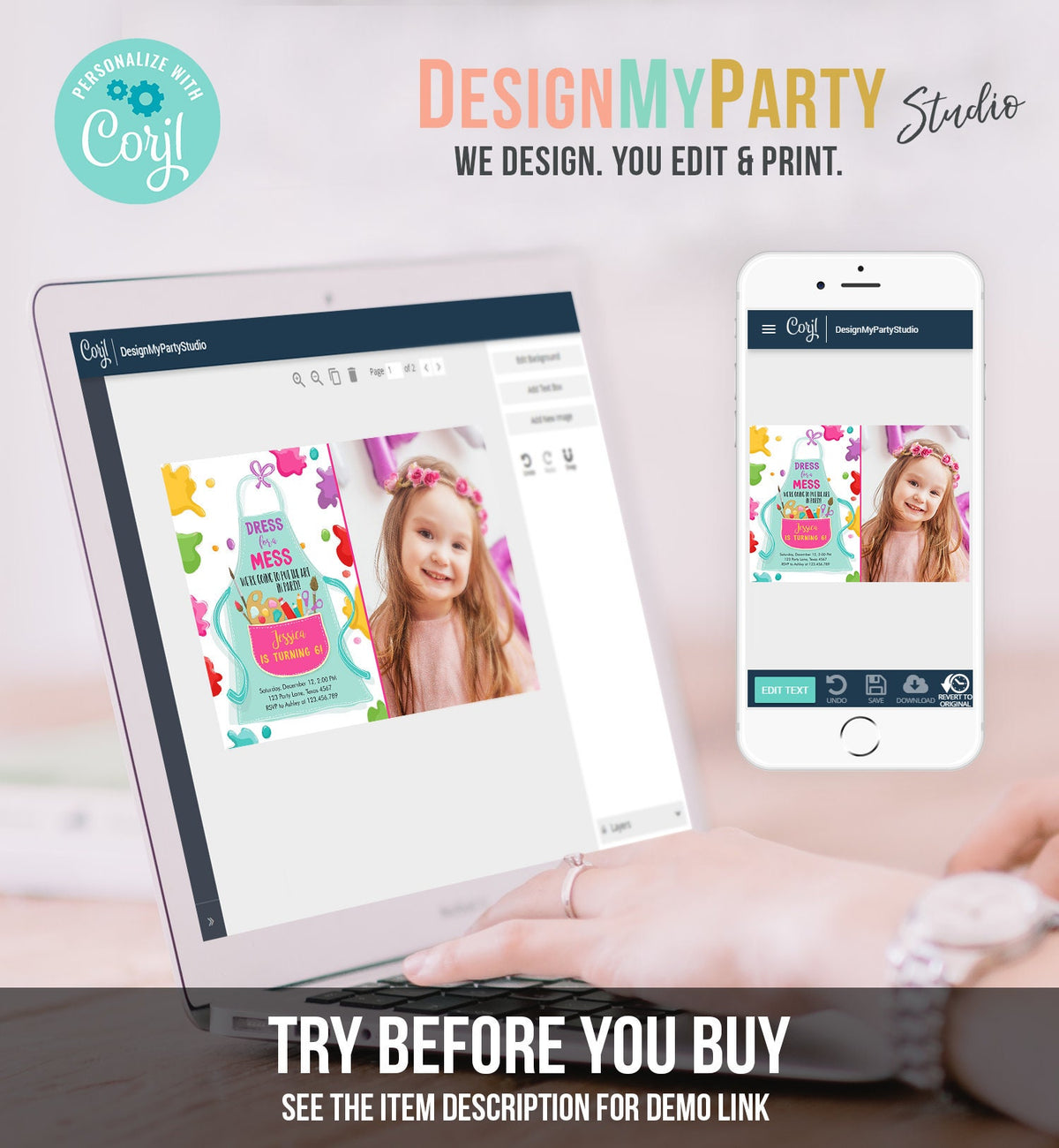 Editable Painting Party Invitation Art Party Birthday Invite Girl Pink Paint Craft Party Download Printable Template Digital Corjl 0319