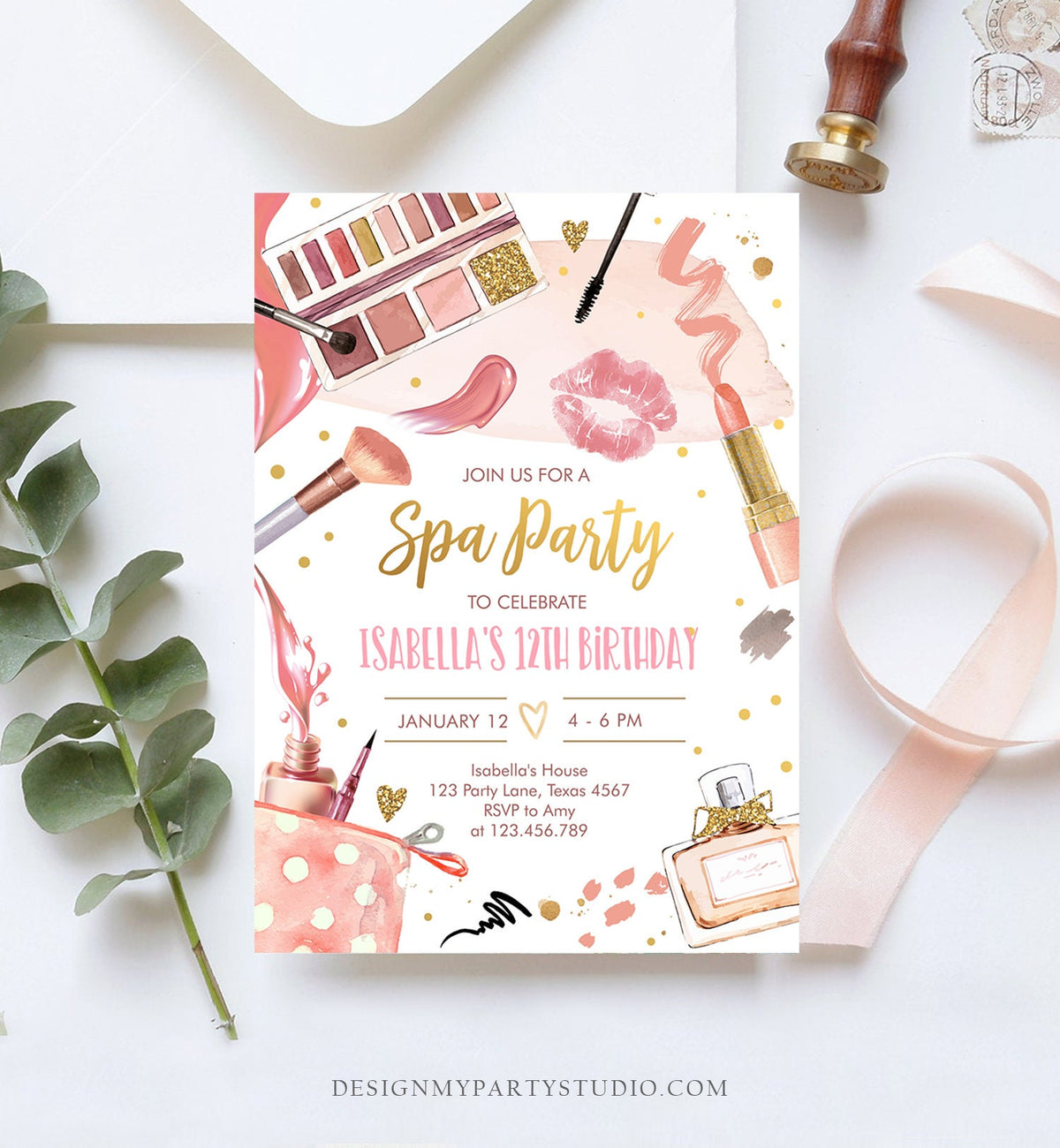 Editable Spa Makeup Birthday Invitation Glam Party Girl Birthday Tween Spa Party Pink Gold Digital Download Evite Template Printable 0420