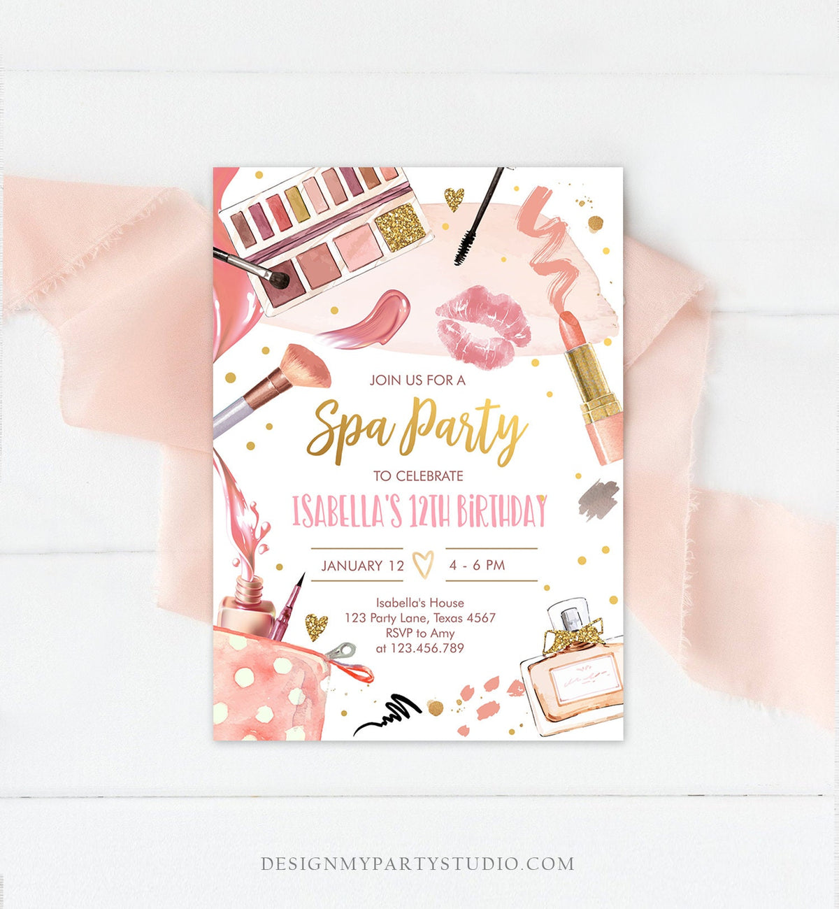 Editable Spa Makeup Birthday Invitation Glam Party Girl Birthday Tween Spa Party Pink Gold Digital Download Evite Template Printable 0420