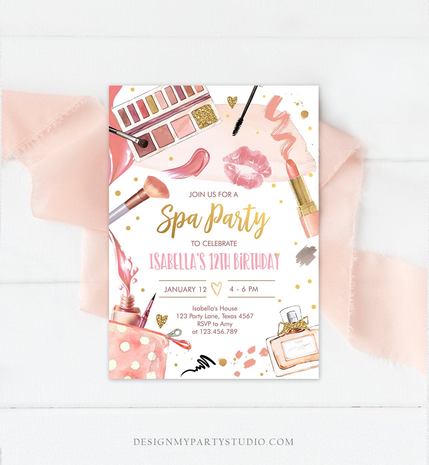 Editable Spa Makeup Birthday Invitation Glam Party Girl Birthday Tween Spa Party Pink Gold Digital Download Evite Template Printable 0420