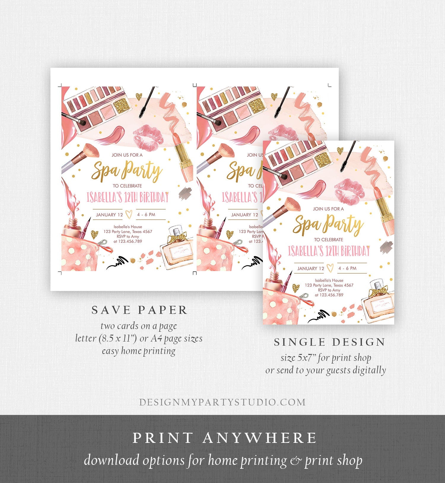 Editable Spa Makeup Birthday Invitation Glam Party Girl Birthday Tween Spa Party Pink Gold Digital Download Evite Template Printable 0420