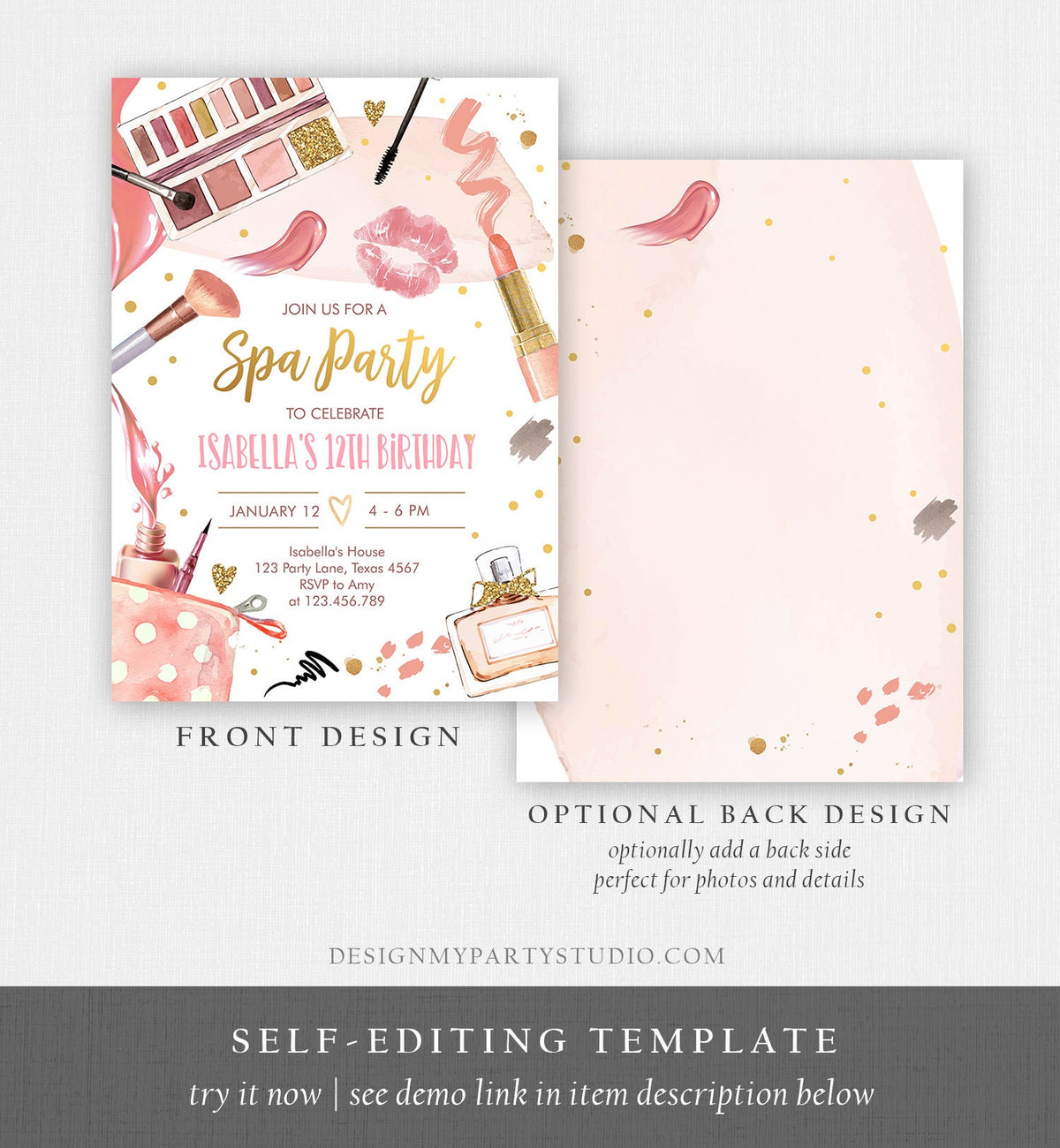 Editable Spa Makeup Birthday Invitation Glam Party Girl Birthday Tween Spa Party Pink Gold Digital Download Evite Template Printable 0420