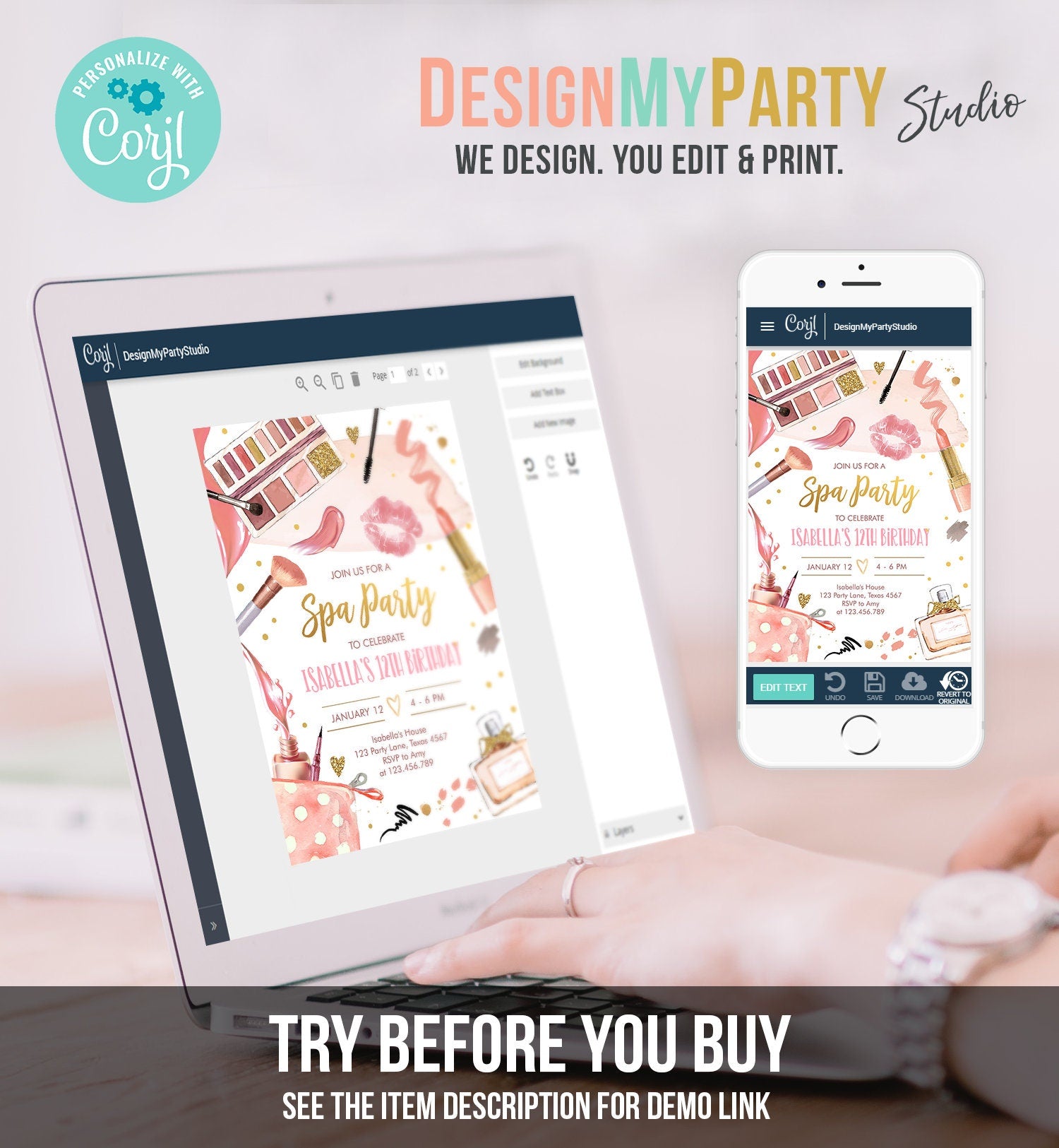 Editable Spa Makeup Birthday Invitation Glam Party Girl Birthday Tween Spa Party Pink Gold Digital Download Evite Template Printable 0420