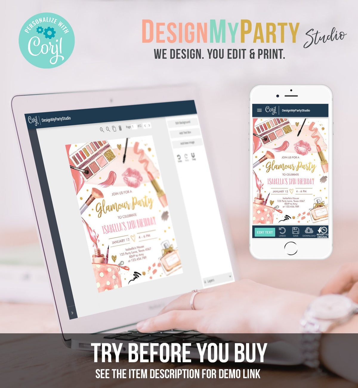 Editable Glamour Birthday Party Glitters Glamour Party Spa Makeup Birthday Invitation Pink Gold Girl Download Printable Template Corjl 0420