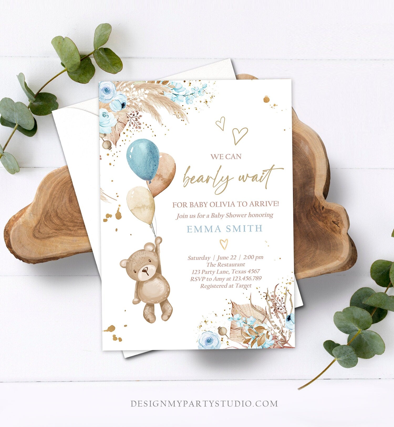 Editable Boho Teddy Bear Baby Shower Invitation We can Bearly Wait Boy Blue Bohemian Pampas Grass Cute Template Instant Download Corjl 0421