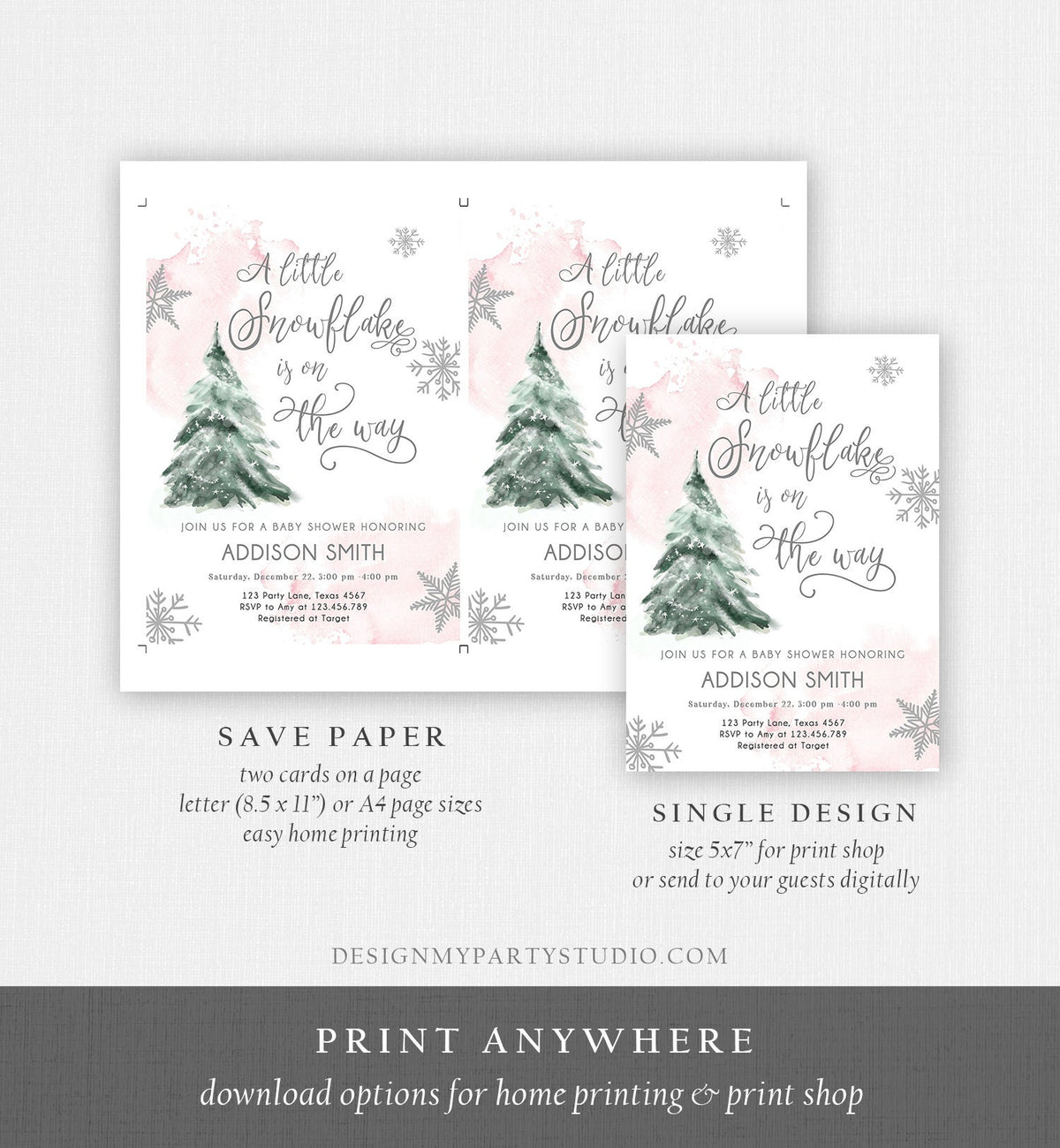 Editable A Little Snowflake is on the Way Baby Shower Invitation Winter Girl Blush Pink Snow Watercolor Tree Download Corjl Template 0363