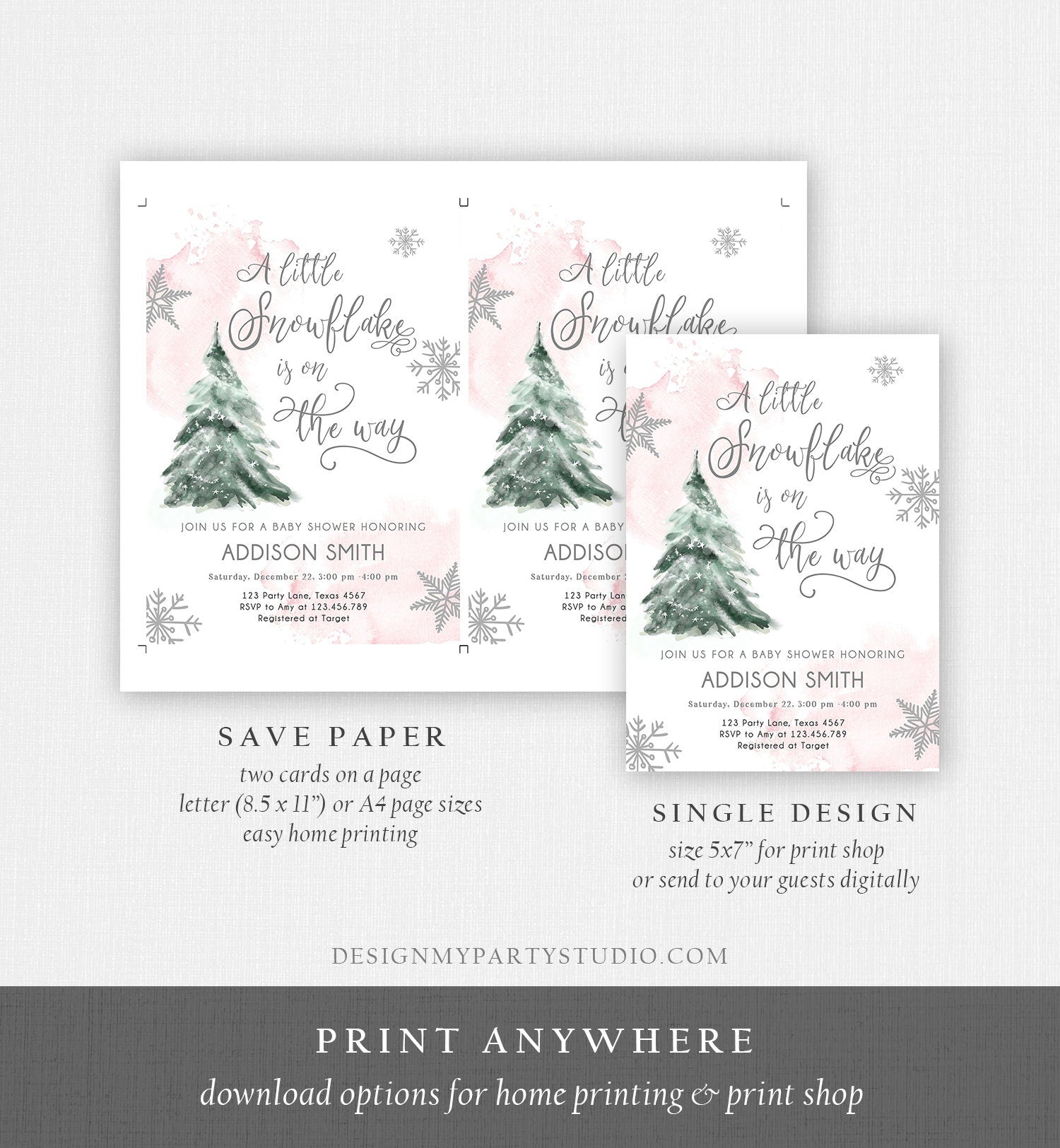 Editable A Little Snowflake is on the Way Baby Shower Invitation Winter Girl Blush Pink Snow Watercolor Tree Download Corjl Template 0363