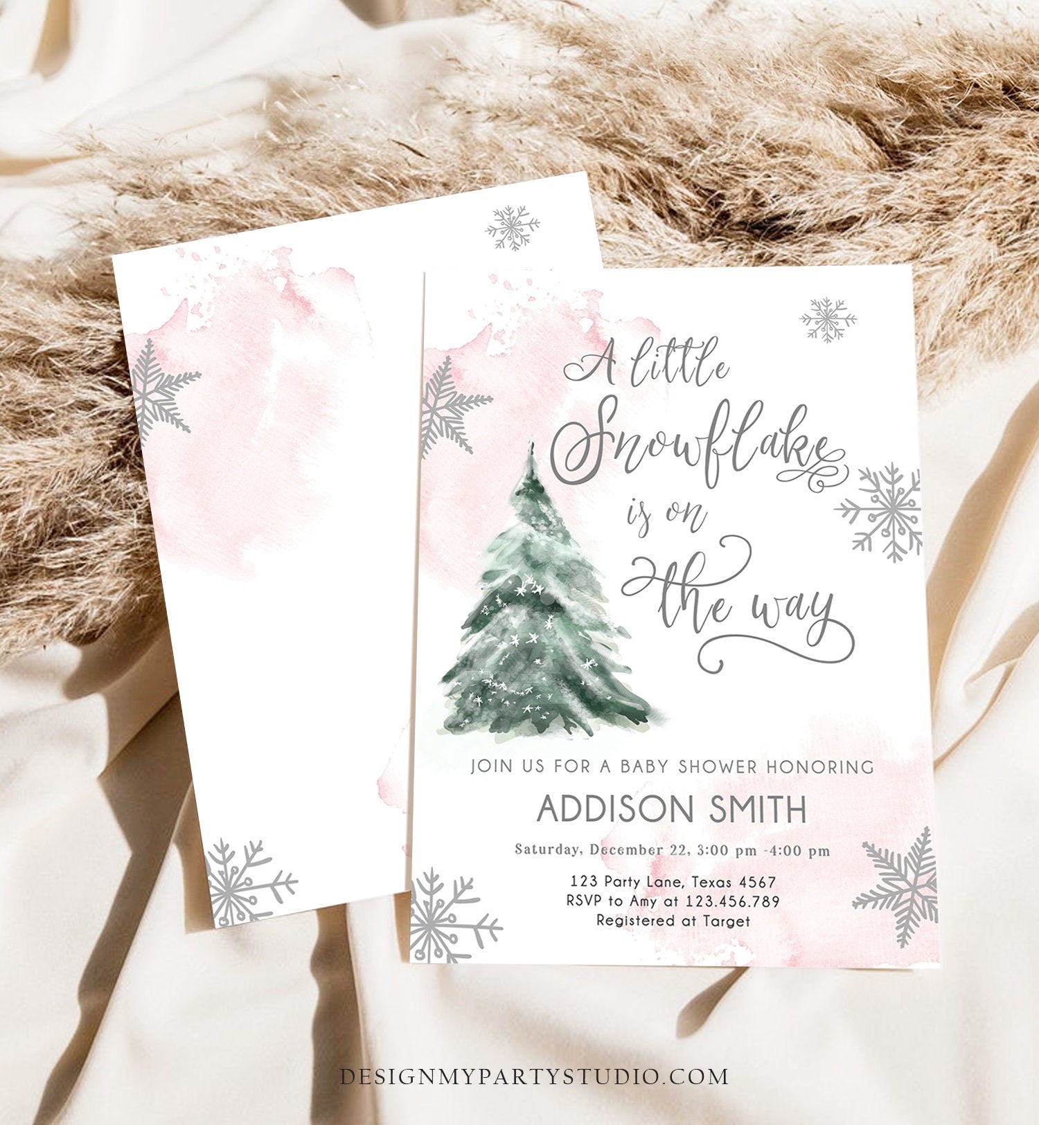 Editable A Little Snowflake is on the Way Baby Shower Invitation Winter Girl Blush Pink Snow Watercolor Tree Download Corjl Template 0363
