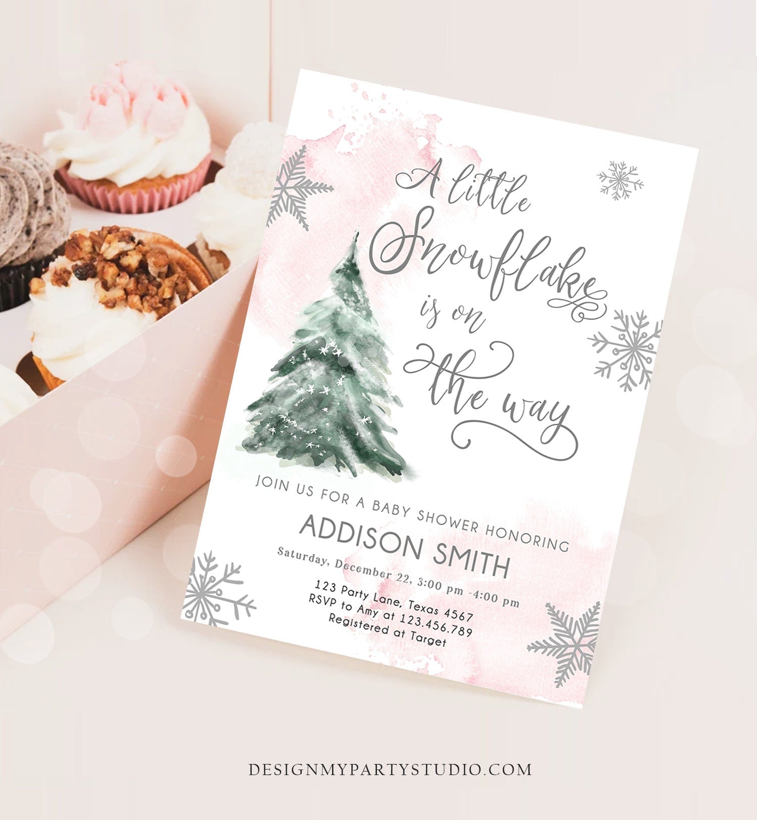 Editable A Little Snowflake is on the Way Baby Shower Invitation Winter Girl Blush Pink Snow Watercolor Tree Download Corjl Template 0363