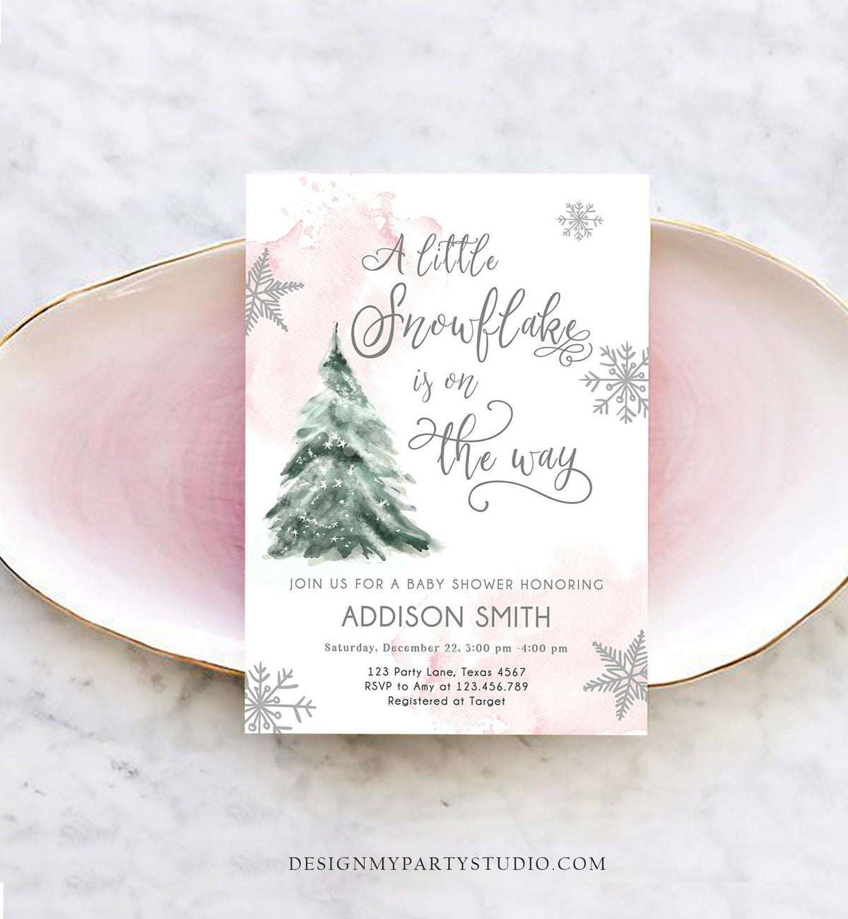 Editable A Little Snowflake is on the Way Baby Shower Invitation Winter Girl Blush Pink Snow Watercolor Tree Download Corjl Template 0363