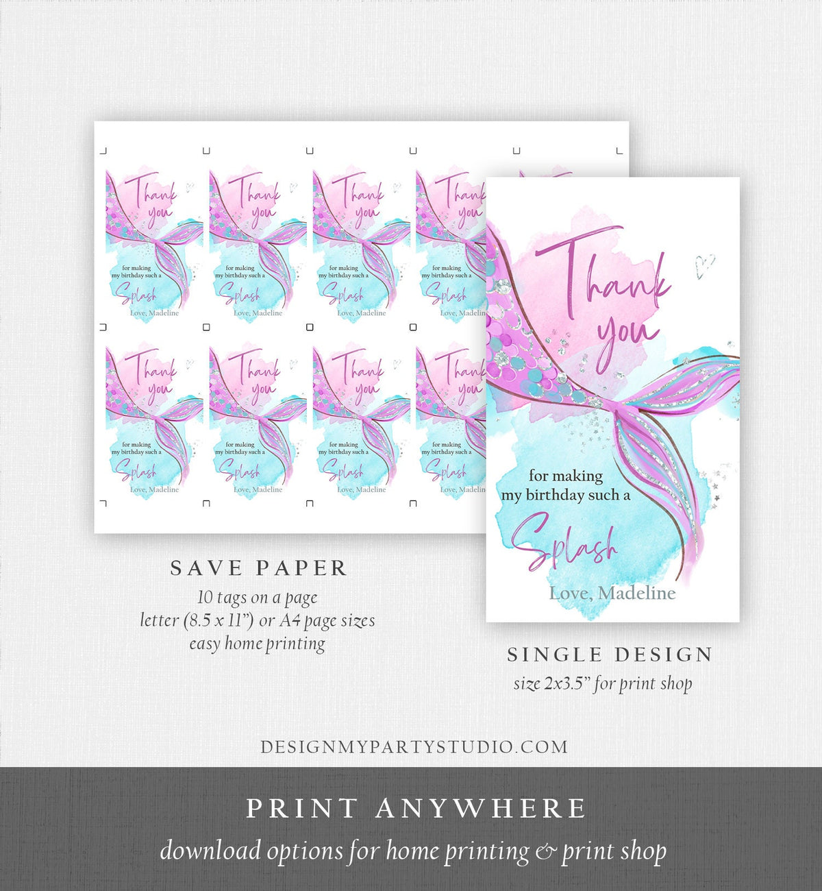 Editable Mermaid Birthday Favor Tags Under The Sea Thank You Mermaid Party Girl Pink Purple Silver Download Template Corjl PRINTABLE 0403