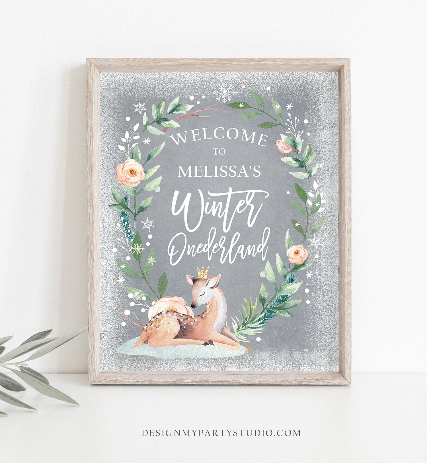 Editable Winter Deer Birthday Welcome Sign Winter Onederland Girl Pink Gold Christmas Snow Party Holiday Digital Template Printable 0265