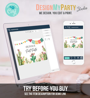 Editable First Fiesta Birthday Backdrop Banner Mexican Cactus Succulent Desert Floral Girl Shower Download Corjl Template Printable 0404