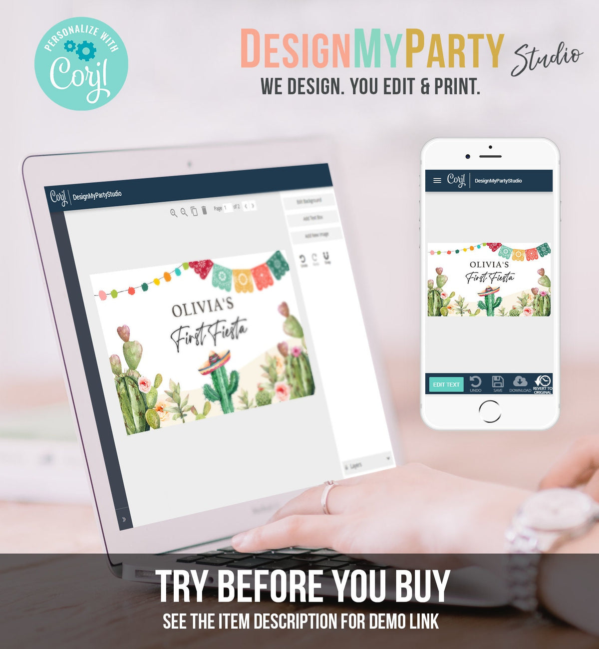 Editable First Fiesta Birthday Backdrop Banner Mexican Cactus Succulent Desert Floral Girl Shower Digital Download Template Printable 0404