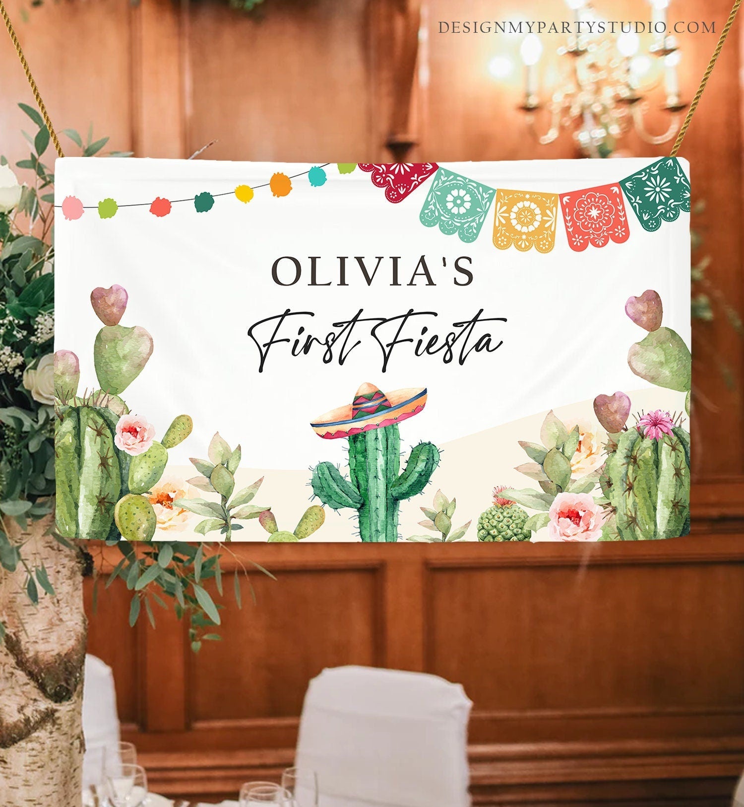 Editable First Fiesta Birthday Backdrop Banner Mexican Cactus Succulent Desert Floral Girl Shower Digital Download Template Printable 0404