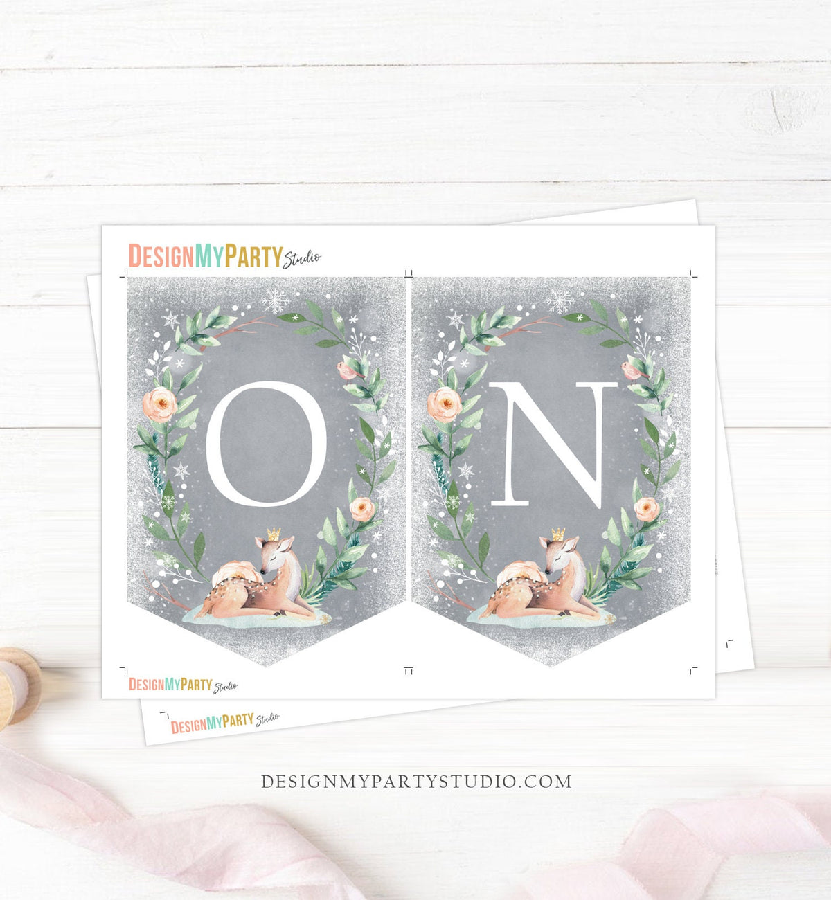 High Chair ONE Banner Winter Onederland Deer Birthday Banner Deer Pink Gold Snow First 1st Decor Wonderland Digital Download Printable 0265