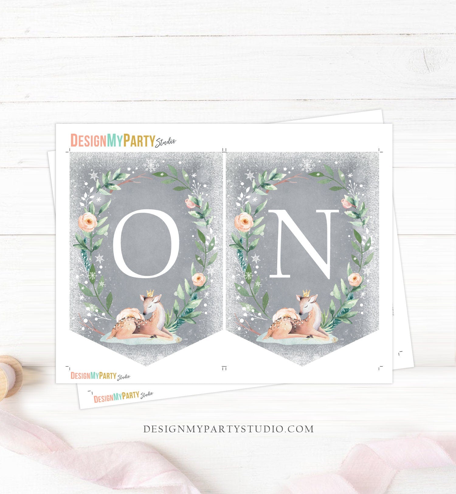 High Chair ONE Banner Winter Onederland Deer Birthday Banner Deer Pink Gold Snow First 1st Decor Wonderland Digital Download Printable 0265