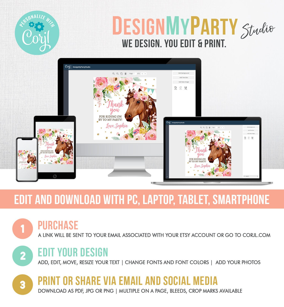 Editable Cowgirl Favor Tags Tags Horse Birthday Party Favor Thank you Sticker Girl Horse Party Floral Download Template PRINTABLE Corjl 0408