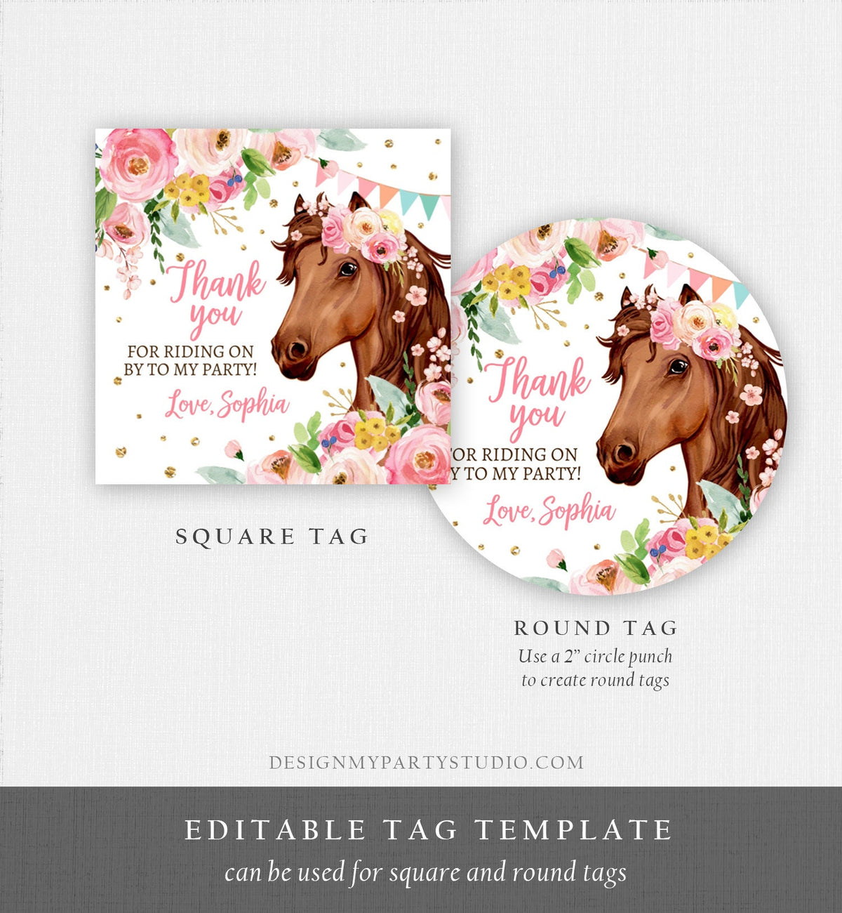 Editable Cowgirl Favor Tags Tags Horse Birthday Party Favor Thank you Sticker Girl Horse Party Floral Download Template PRINTABLE Corjl 0408