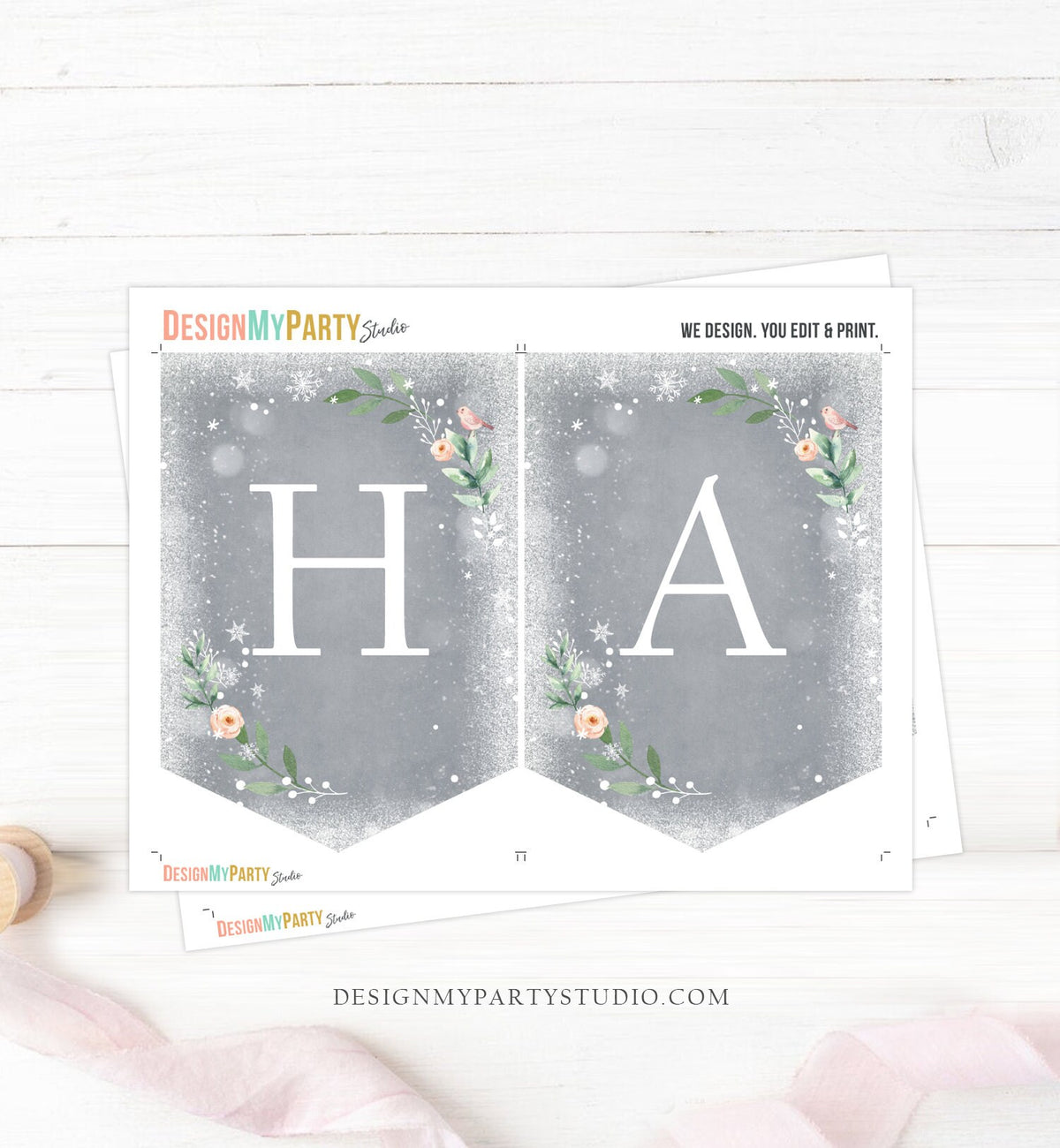 Happy Birthday Banner Winter Onederland Deer Decor Banner Winter Woodland Girl Pink Gold Floral Instant Digital Download Printable 0265