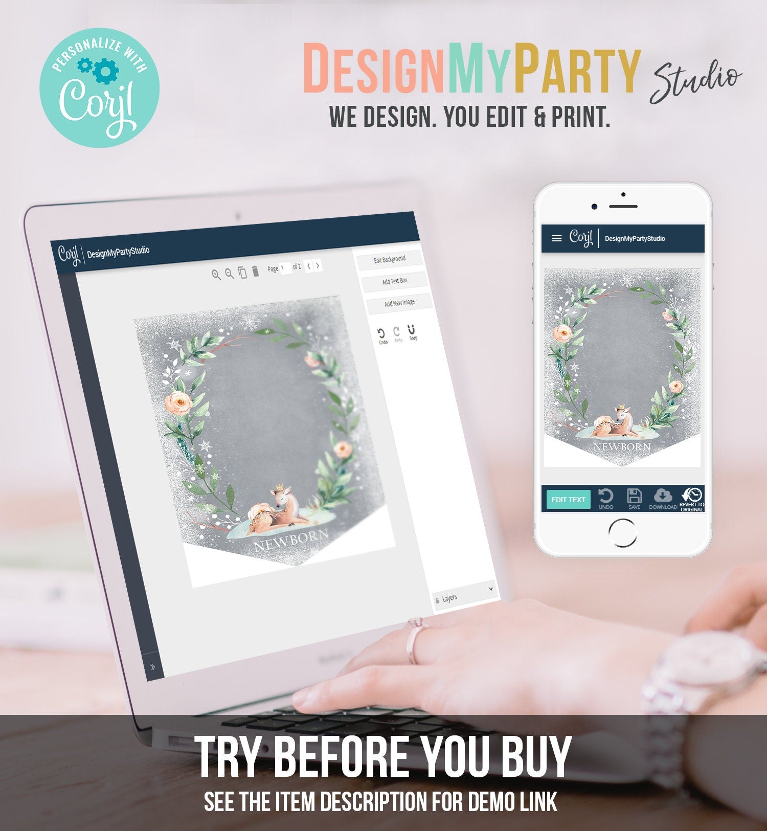 Editable Winter Onederland Deer First Birthday Banner Monthly Photo Banner Girl Pink Floral Winter 1st Snow Digital Template Printable 0265