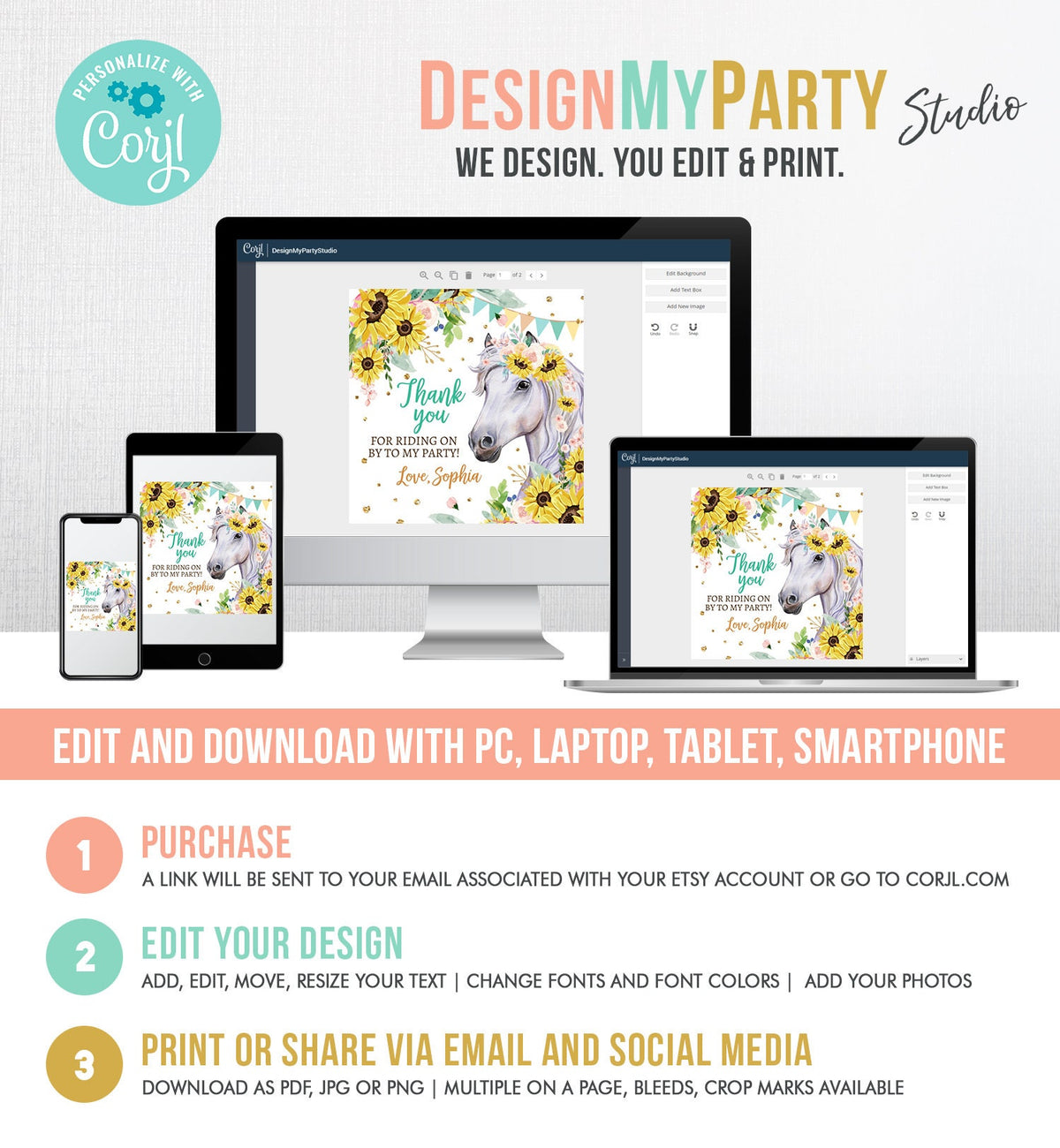 Editable Cowgirl Favor Tags Tags Horse Birthday Party Favor Thank you Sticker Girl Horse Sunflowers Download Template PRINTABLE Corjl 0408