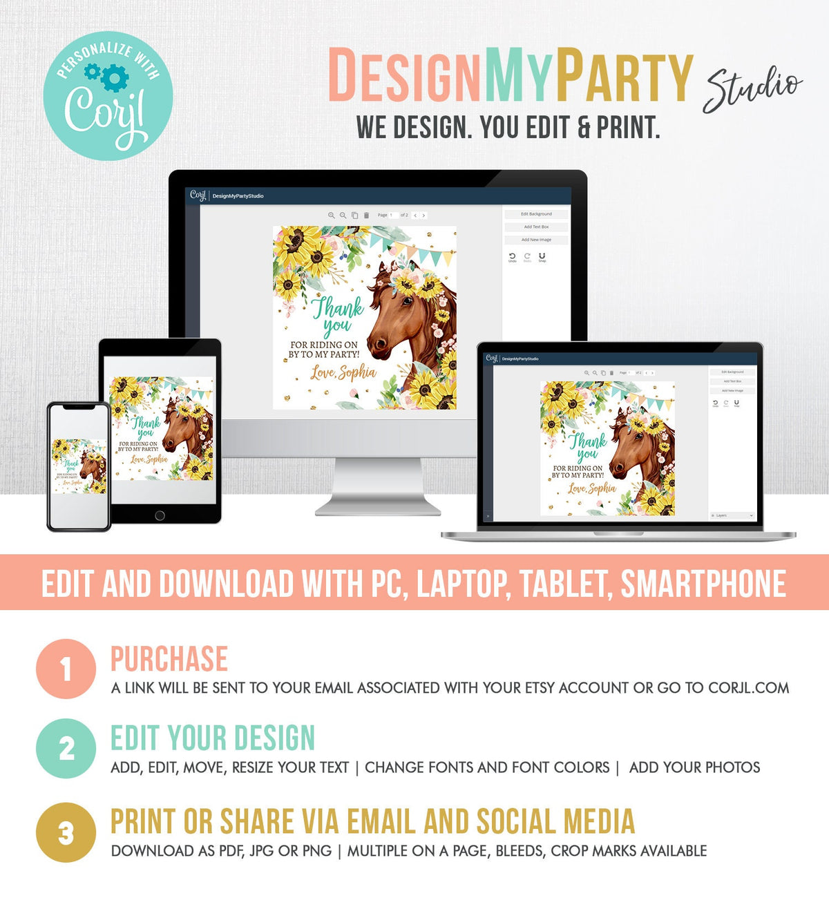 Editable Cowgirl Favor Tags Tags Horse Birthday Party Favor Thank you Sticker Girl Horse Sunflowers Download Template PRINTABLE Corjl 0408