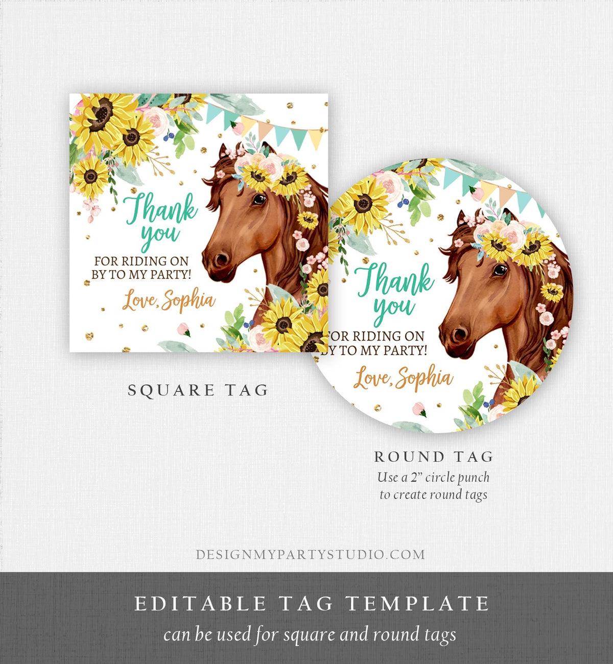 Editable Cowgirl Favor Tags Tags Horse Birthday Party Favor Thank you Sticker Girl Horse Sunflowers Download Template PRINTABLE Corjl 0408