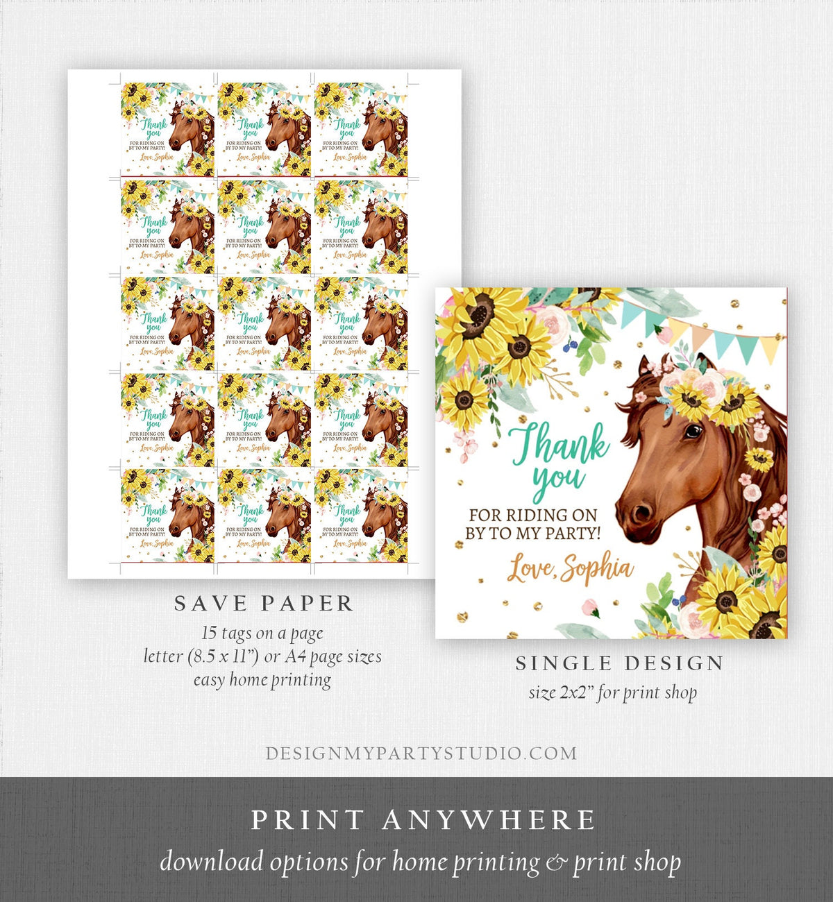 Editable Cowgirl Favor Tags Tags Horse Birthday Party Favor Thank you Sticker Girl Horse Sunflowers Download Template PRINTABLE Corjl 0408