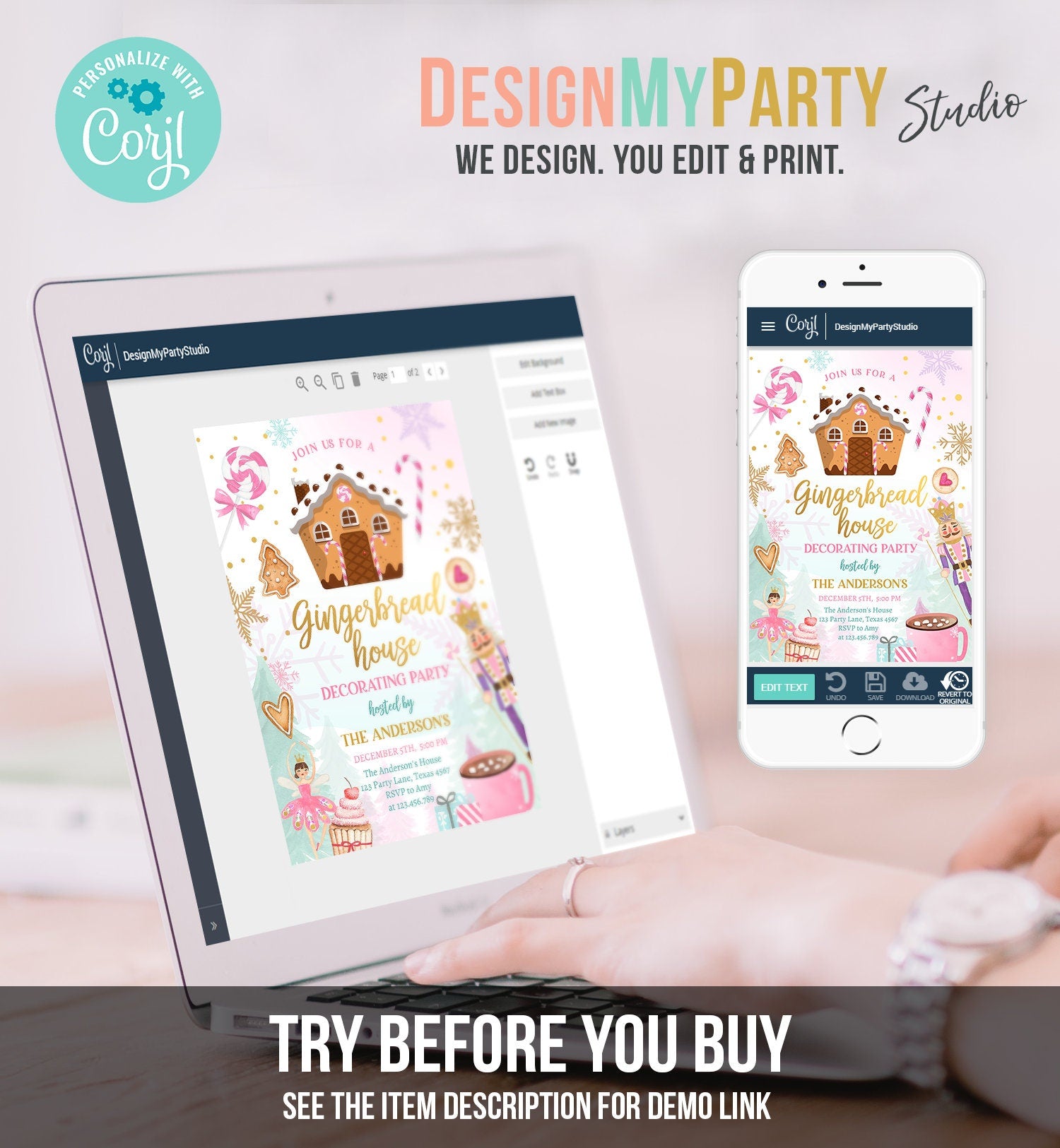 Editable Gingerbread House Decorating Party Invitation Land of Sweets Pink Gold Cookie Decorating Digital Download Template Printable 0352