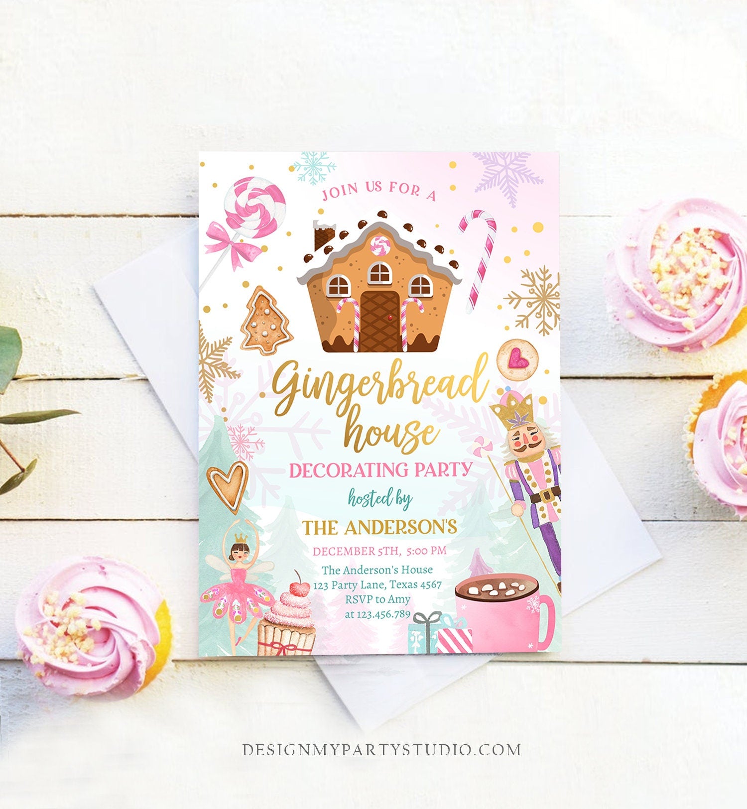 Editable Gingerbread House Decorating Party Invitation Land of Sweets Pink Gold Cookie Decorating Digital Download Template Printable 0352