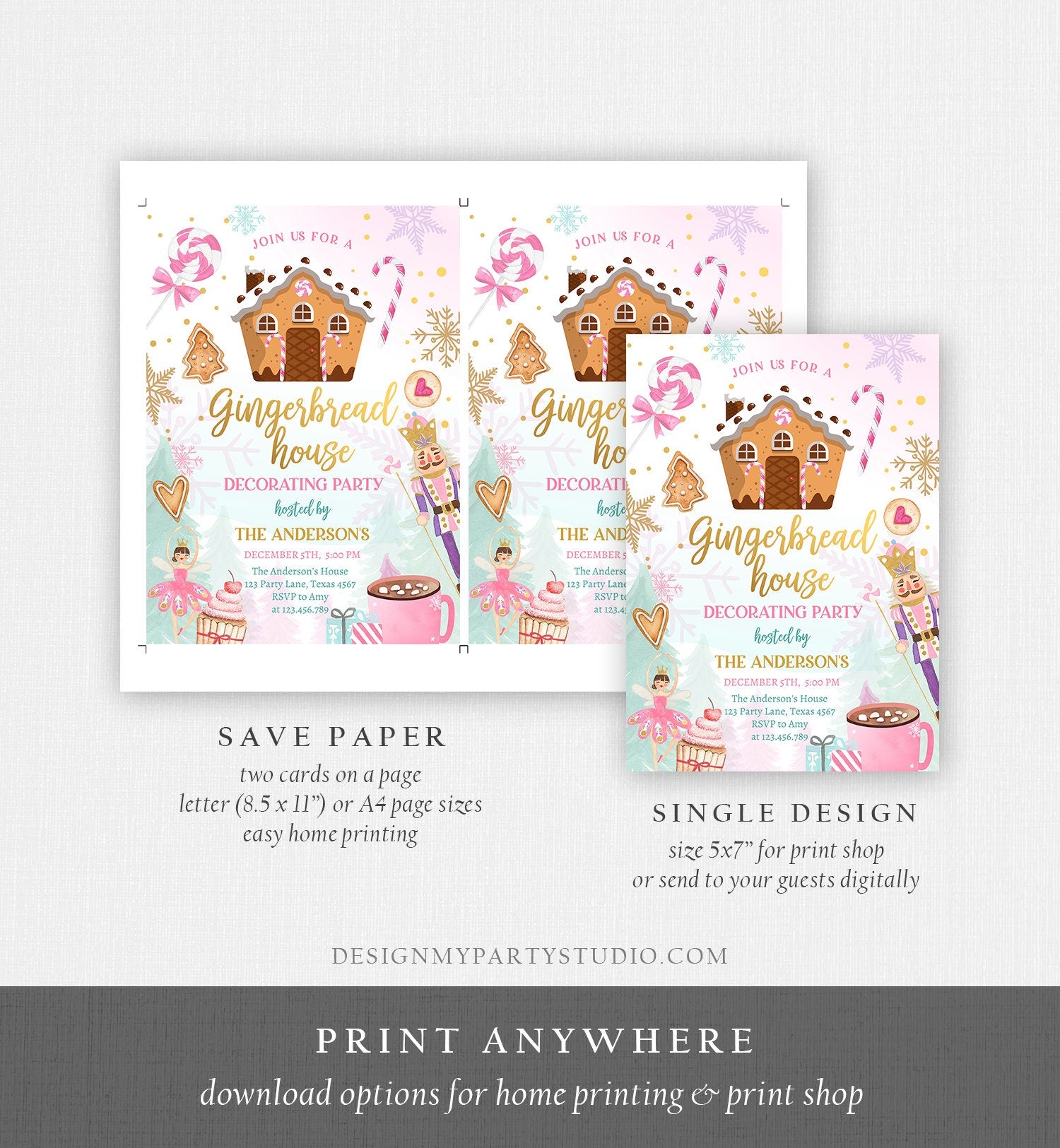 Editable Gingerbread House Decorating Party Invitation Land of Sweets Pink Gold Cookie Decorating Digital Download Template Printable 0352
