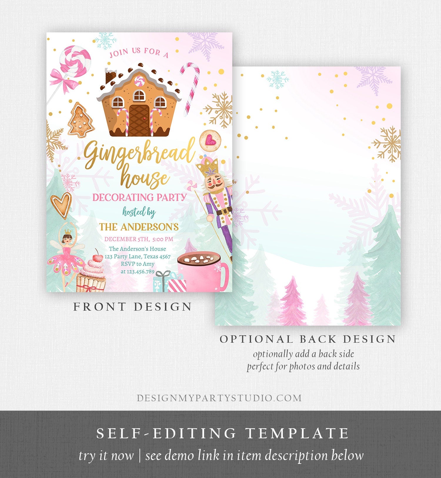 Editable Gingerbread House Decorating Party Invitation Land of Sweets Pink Gold Cookie Decorating Digital Download Template Printable 0352