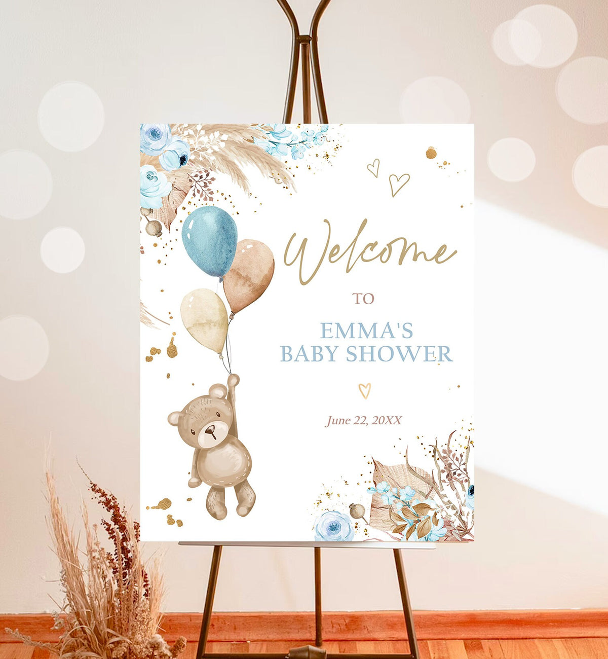 Editable Boho Teddy Bear Welcome Sign Bear Baby Shower Boy Bearly Wait Baby Shower Pampas Grass Bohemian Digital Template Printable 0421