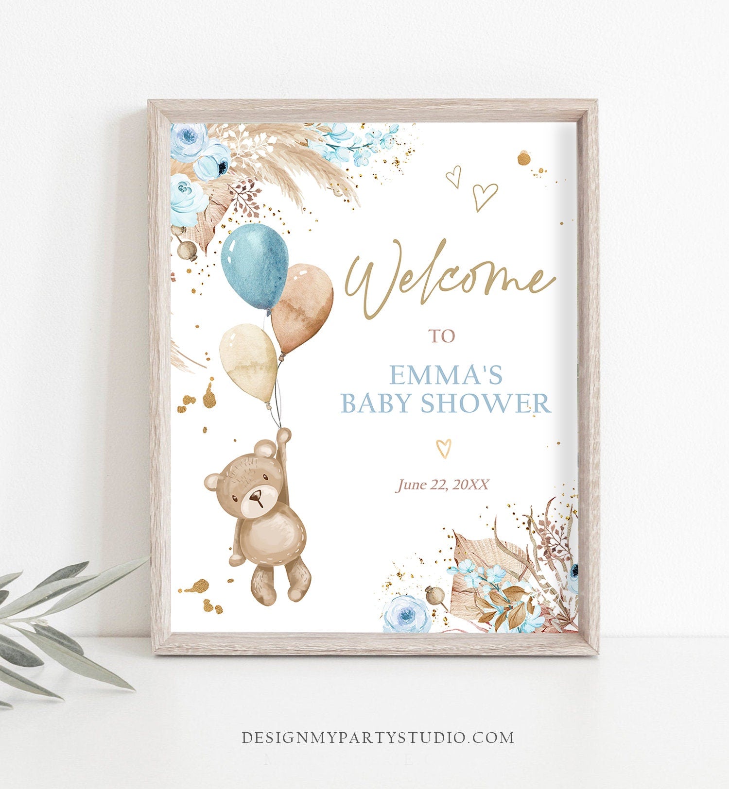Editable Boho Teddy Bear Welcome Sign Bear Baby Shower Boy Bearly Wait Baby Shower Pampas Grass Bohemian Digital Template Printable 0421