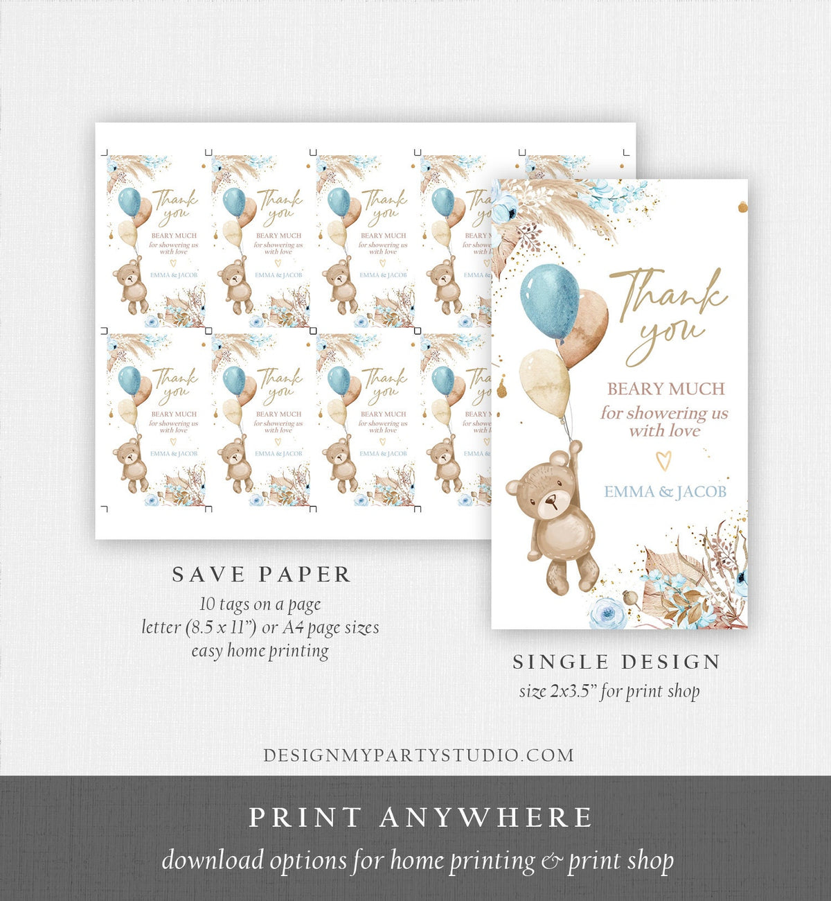 Editable Boho Teddy Bear Favor Tags Thank You Beary Much Tag Bearly Wait Baby Shower Bear Label Boy Pampas Digital Template Printable 0421