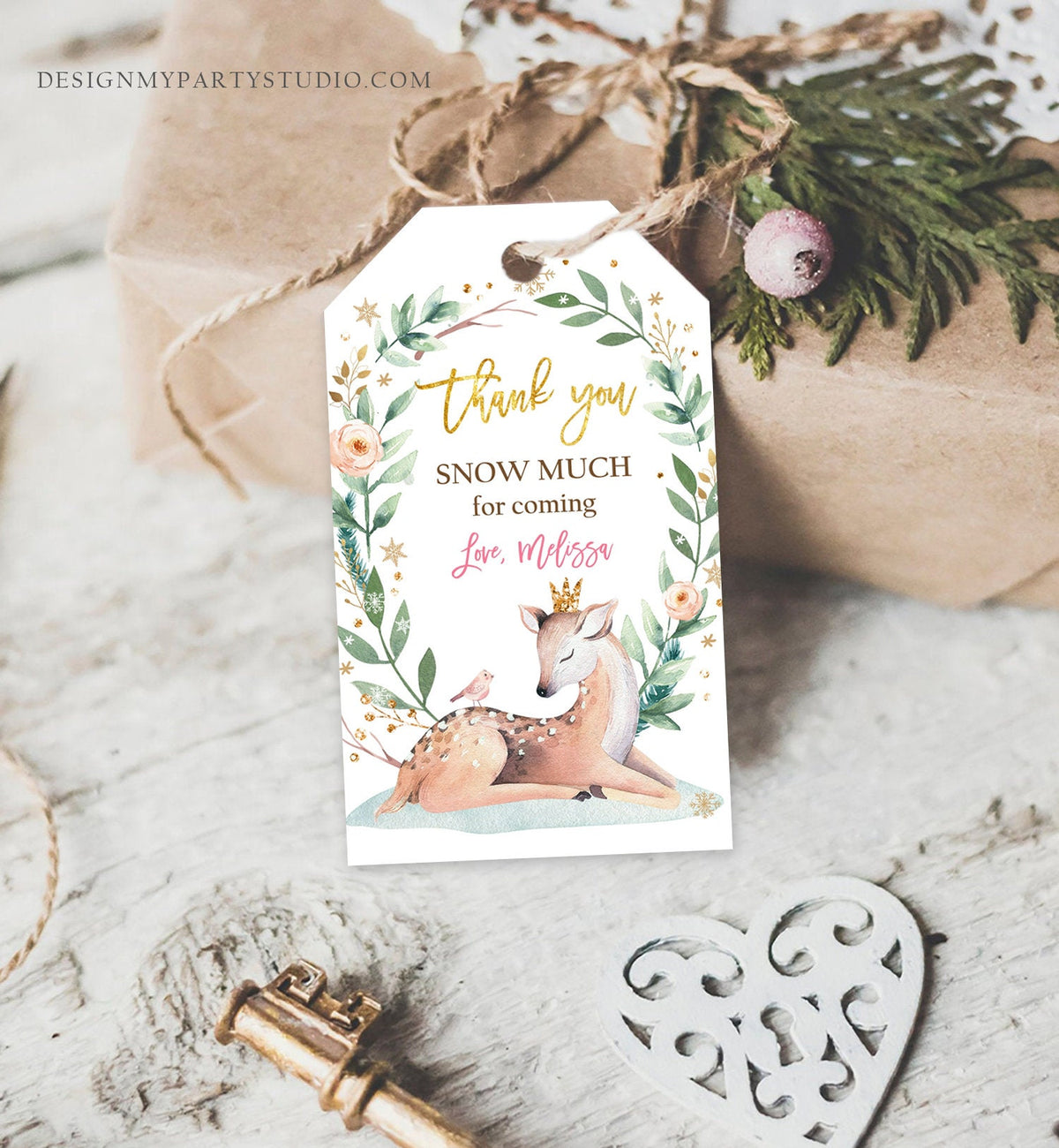 Editable Winter Birthday Favor Tags Pink Girl Snowflakes Thank You Snow much Winter Onederland Deer Shower Digital Template Printable 0265