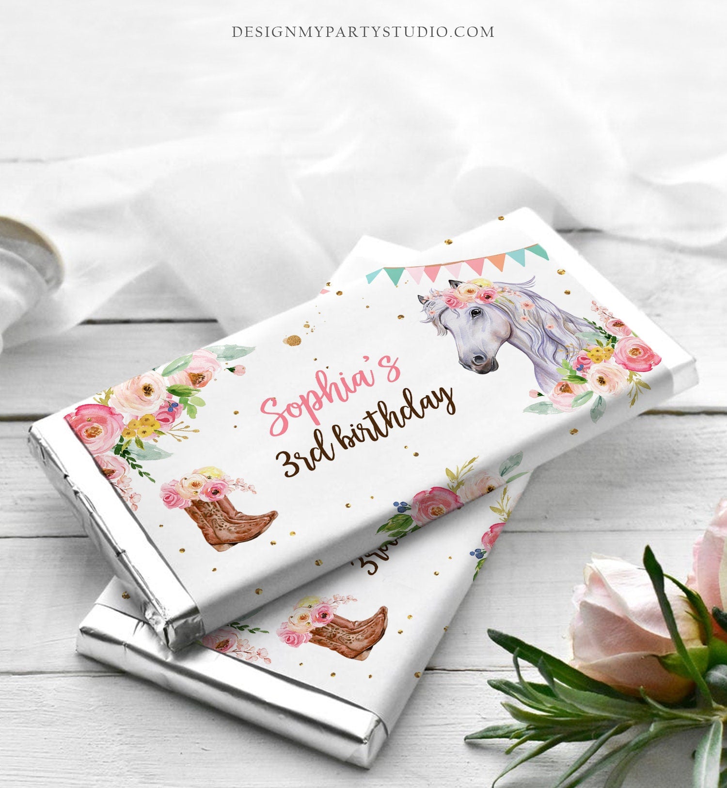 Editable Horse Chocolate Bar Labels Candy Bar Wrapper Horse Birthday Cowgirl Floral Girl Saddle Up Digital Download Template Printable 0408