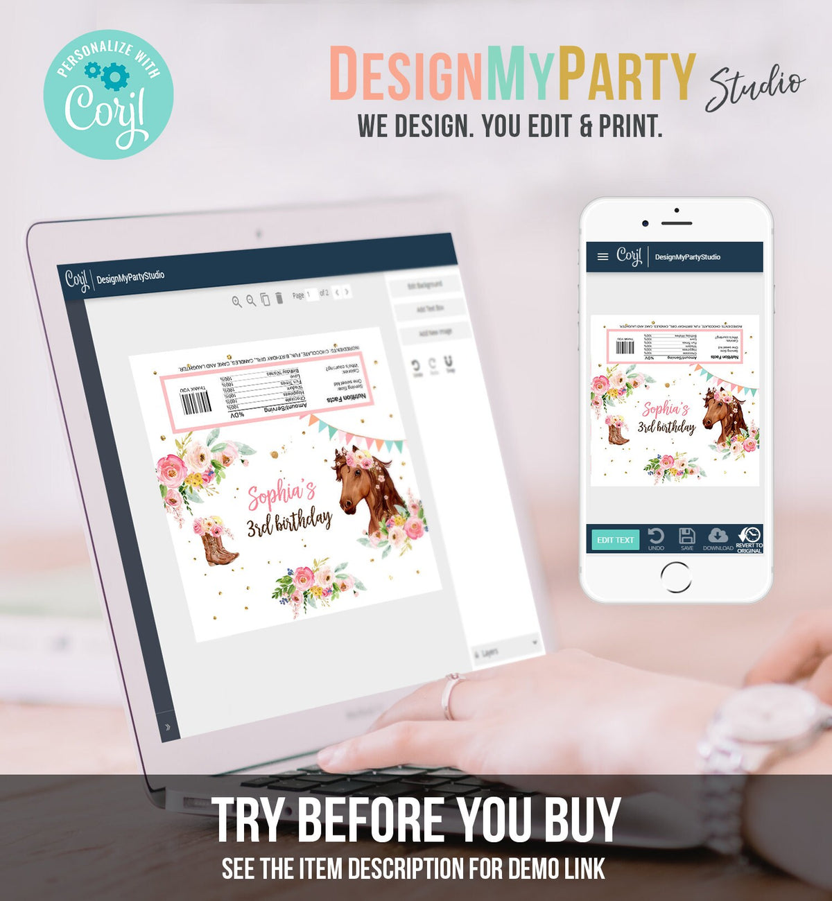 Editable Horse Chocolate Bar Labels Candy Bar Wrapper Horse Birthday Cowgirl Floral Girl Saddle Up Digital Download Template Printable 0408