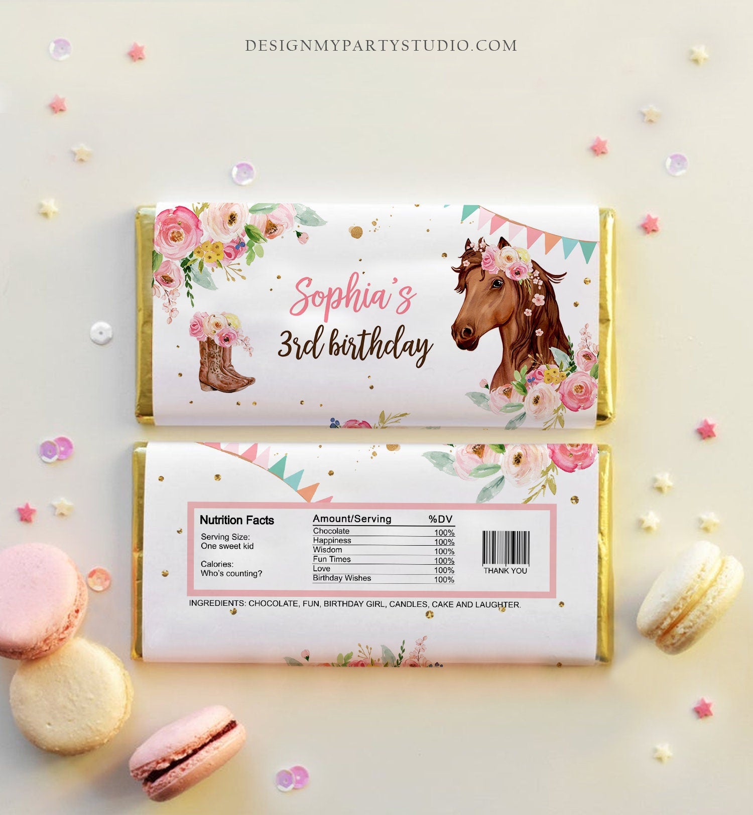 Editable Horse Chocolate Bar Labels Candy Bar Wrapper Horse Birthday Cowgirl Floral Girl Saddle Up Digital Download Template Printable 0408