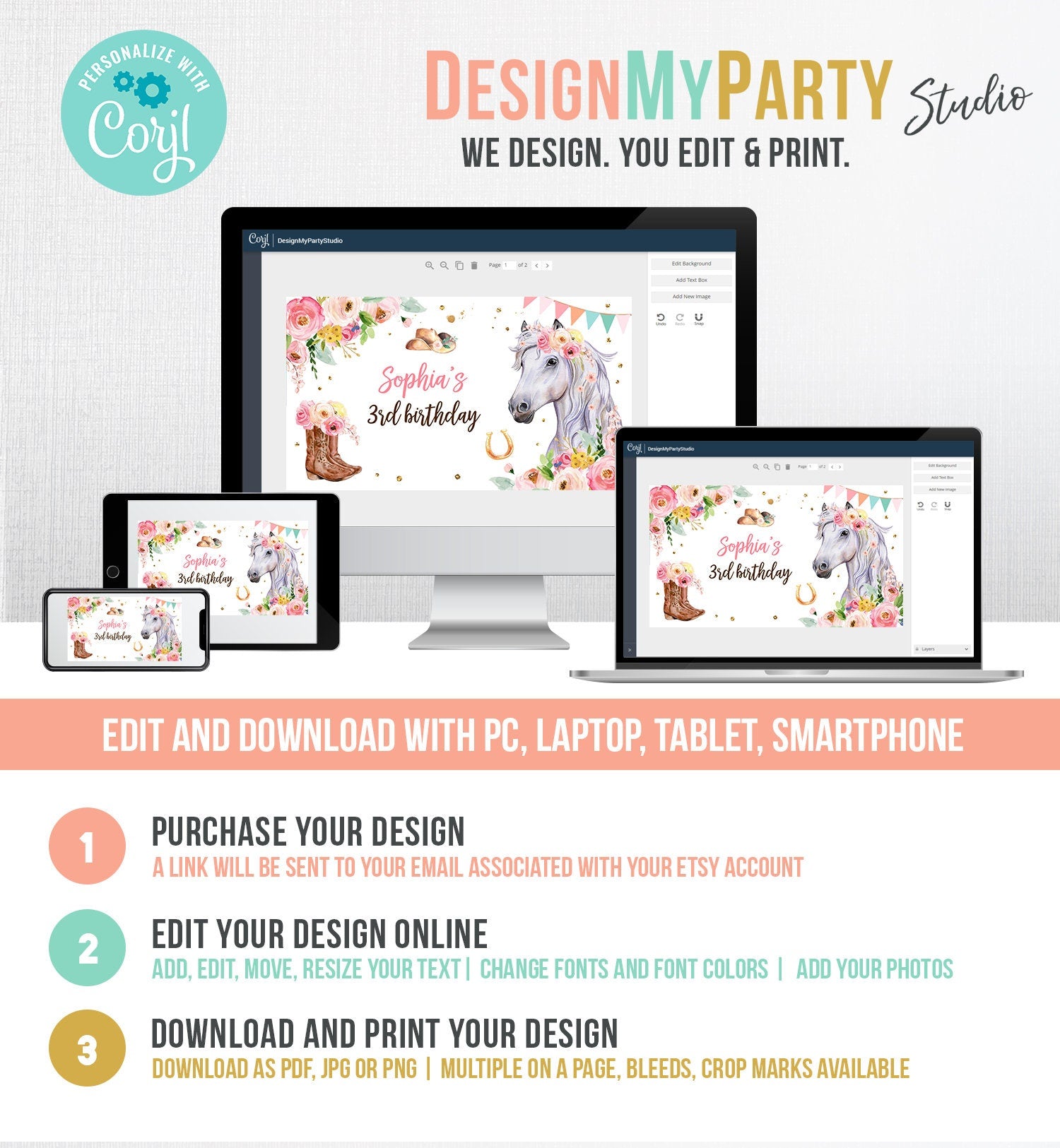 Editable Horse Birthday Gable Gift Box Label Cowgirl Birthday Favors Girl Treat Box Label Pony Party Floral Download Template Printable 0408