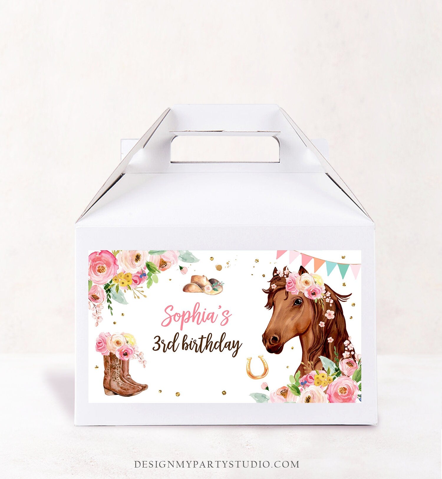 Editable Horse Birthday Gable Gift Box Label Cowgirl Birthday Favors Girl Treat Box Label Pony Party Floral Digital Download Printable 0408