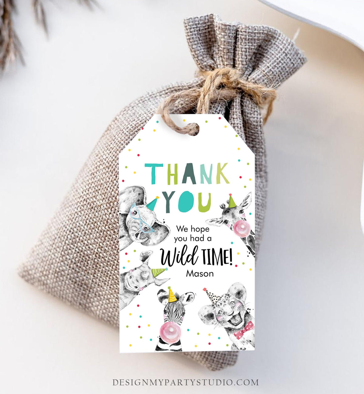 Editable Party Animals Favor Tags Boy Wild One Safari Animals Thank You Tags Zoo Birthday Wild Time Gift Tag Digital Template Printable 0390