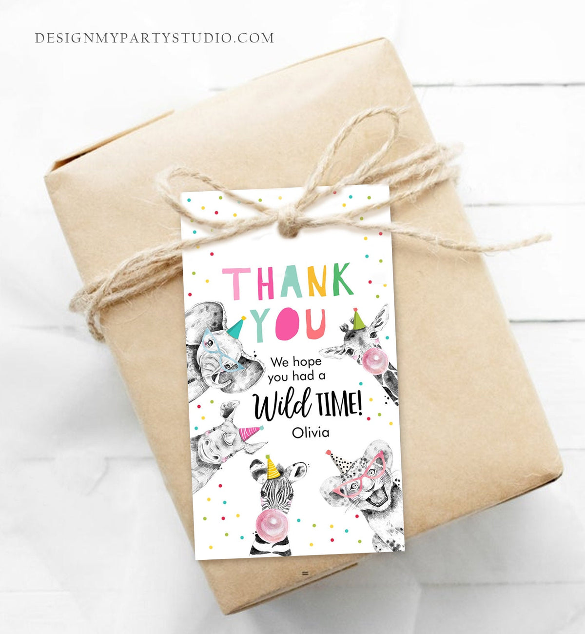 Editable Party Animals Favor Tags Wild One Animals Thank You Tags Safari Zoo Girl Birthday Wild Time Gift Tag Digital Corjl Template 0390