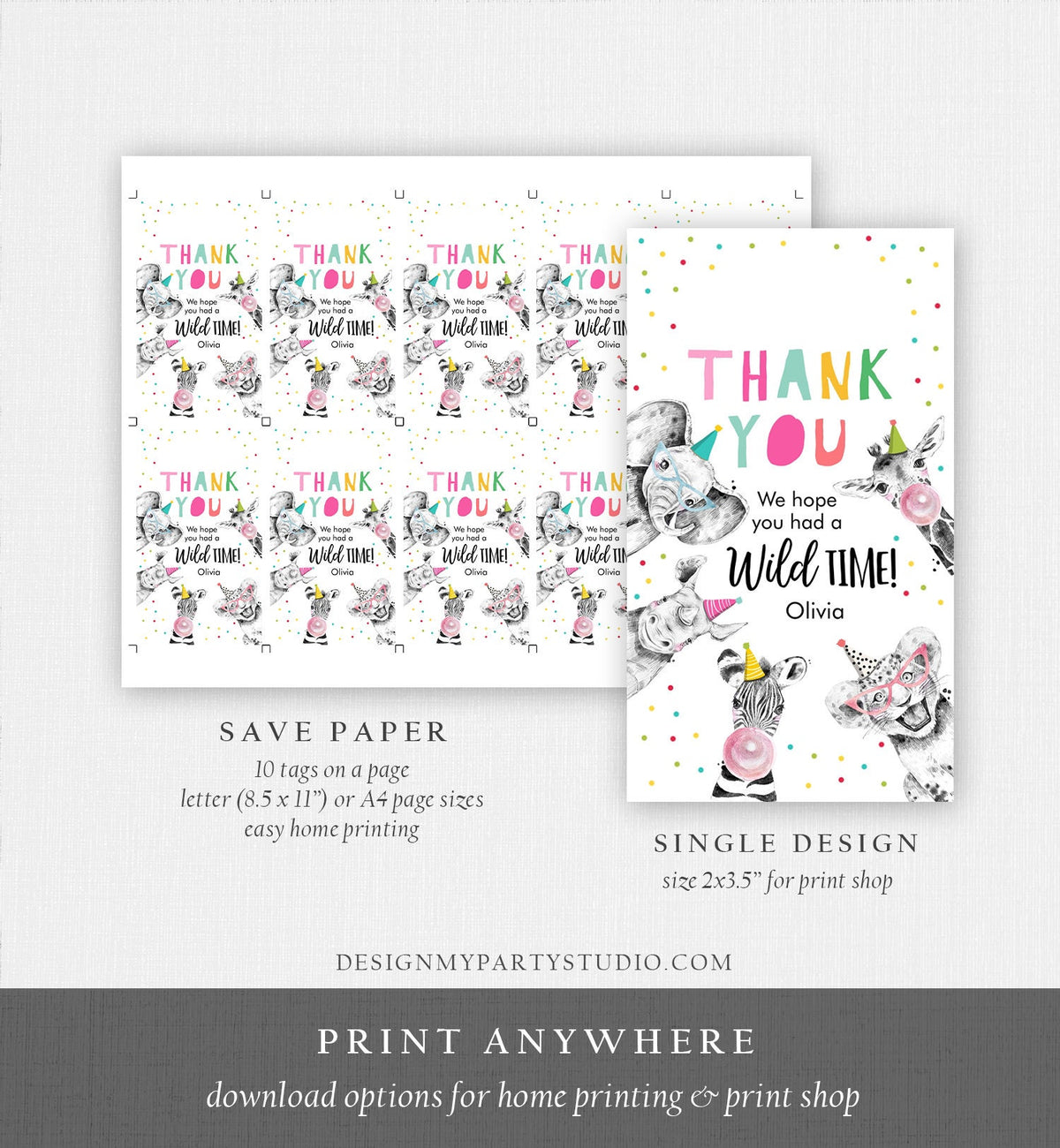 Editable Party Animals Favor Tags Wild One Animals Thank You Tags Safari Zoo Girl Birthday Wild Time Gift Tag Digital Corjl Template 0390