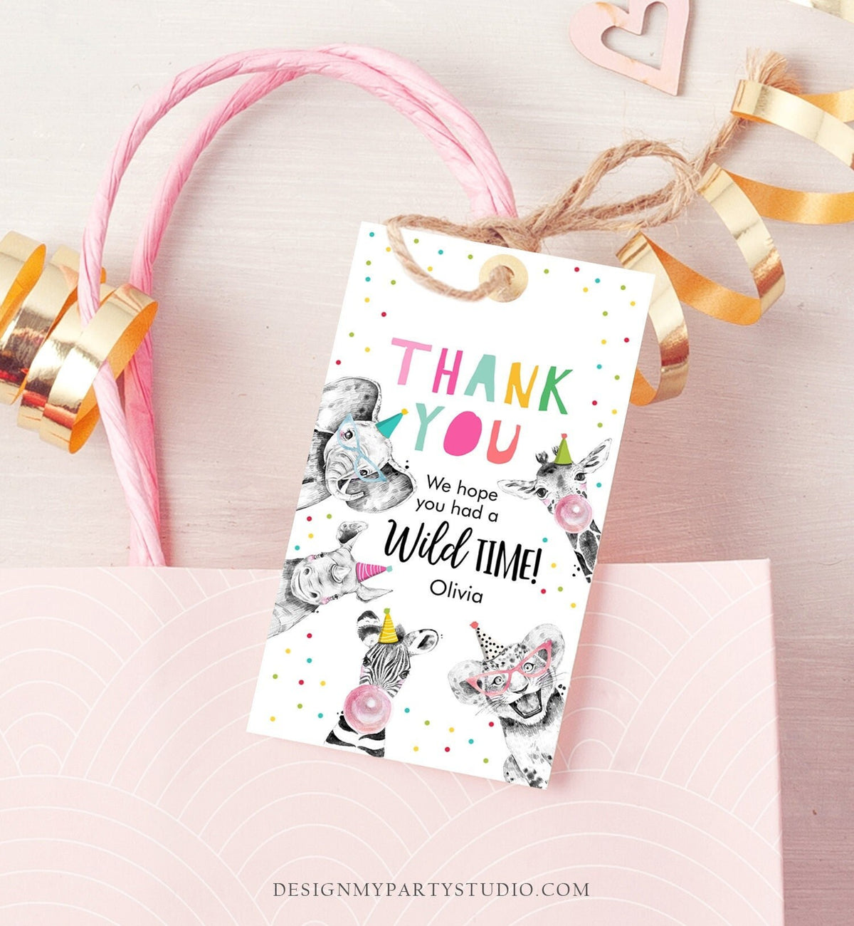 Editable Party Animals Favor Tags Wild One Animals Thank You Tags Safari Zoo Girl Birthday Wild Time Gift Tag Digital Corjl Template 0390